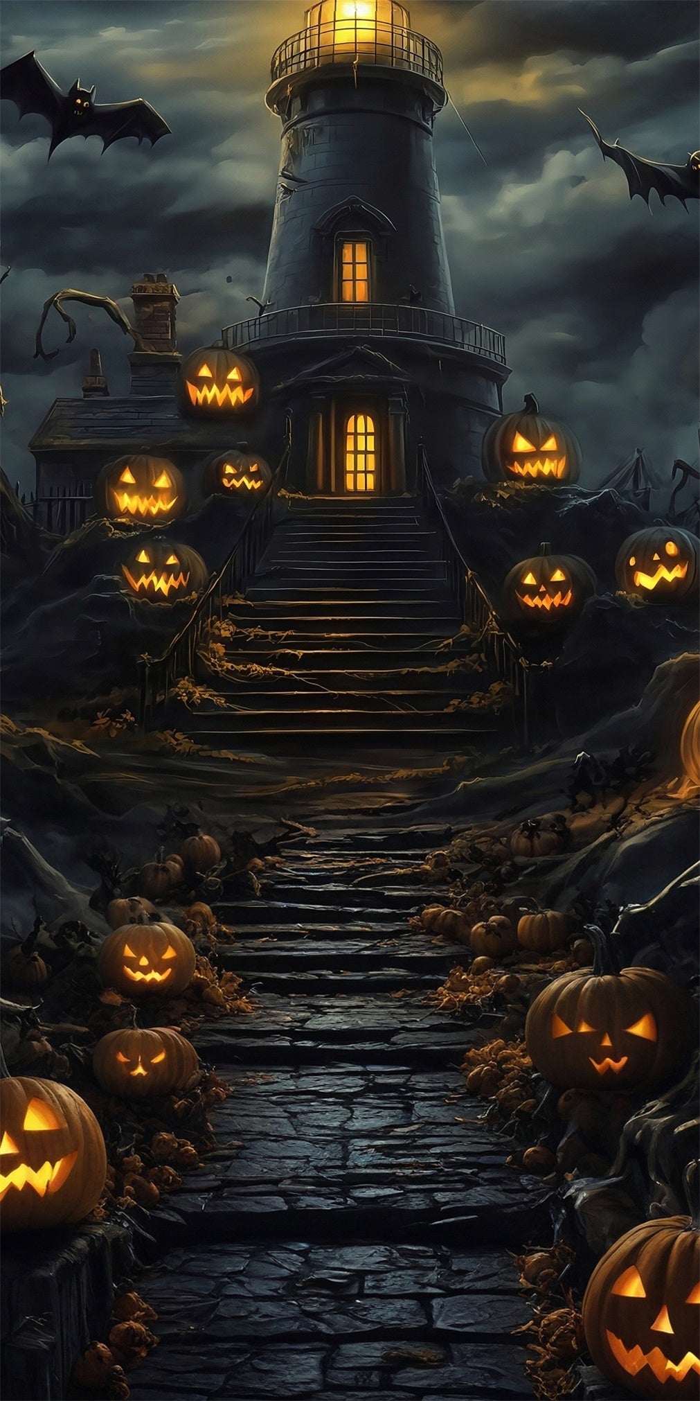 Toile de fond Sweep Halloween Escaliers Lampe Citrouille Nuages Noirs Tour Nocturne MRR8-64