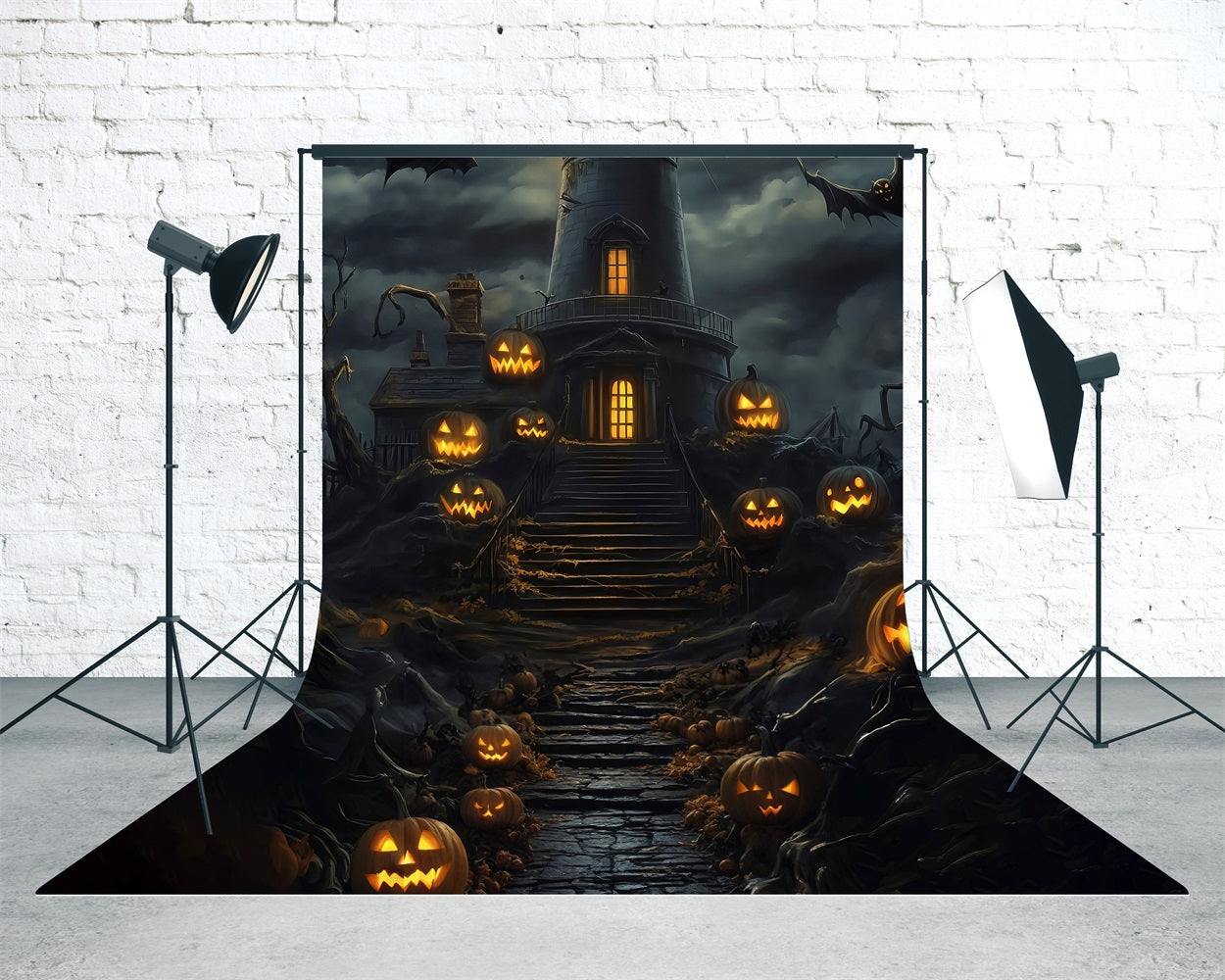 Toile de fond Sweep Halloween Escaliers Lampe Citrouille Nuages Noirs Tour Nocturne MRR8-64