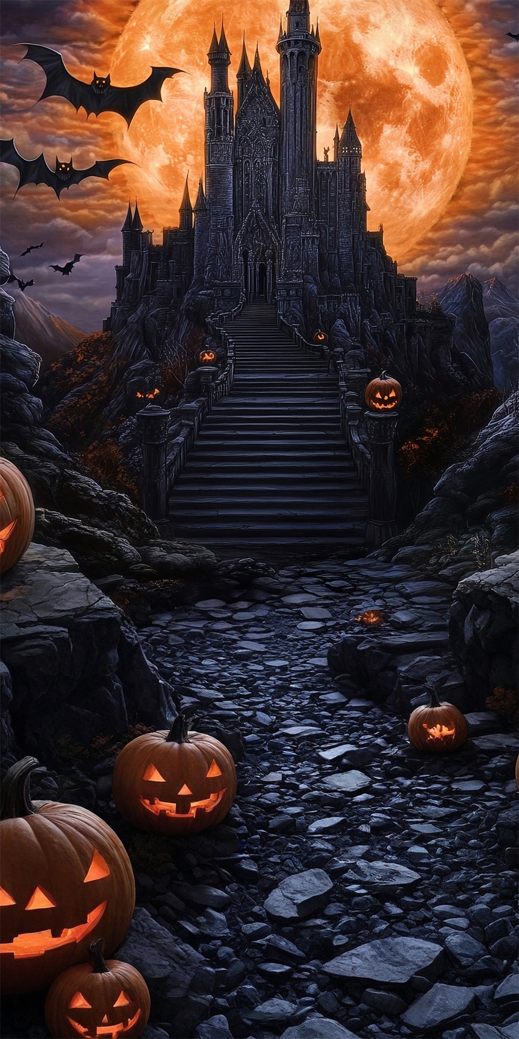 Toile de fond Sweep Halloween Photo Lune Sanglante Géante Château Noir Magique MRR8-65