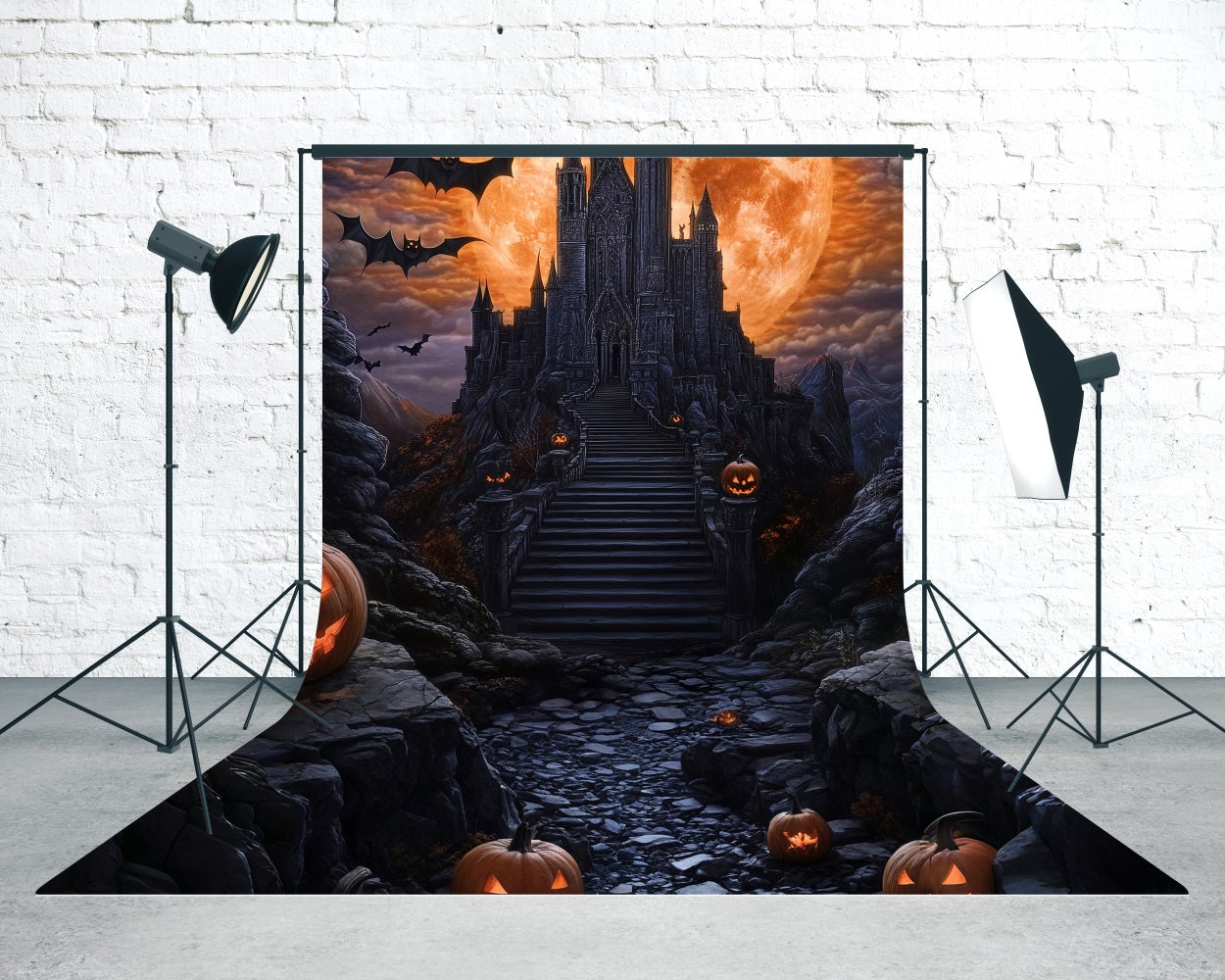 Toile de fond Sweep Halloween Photo Lune Sanglante Géante Château Noir Magique MRR8-65