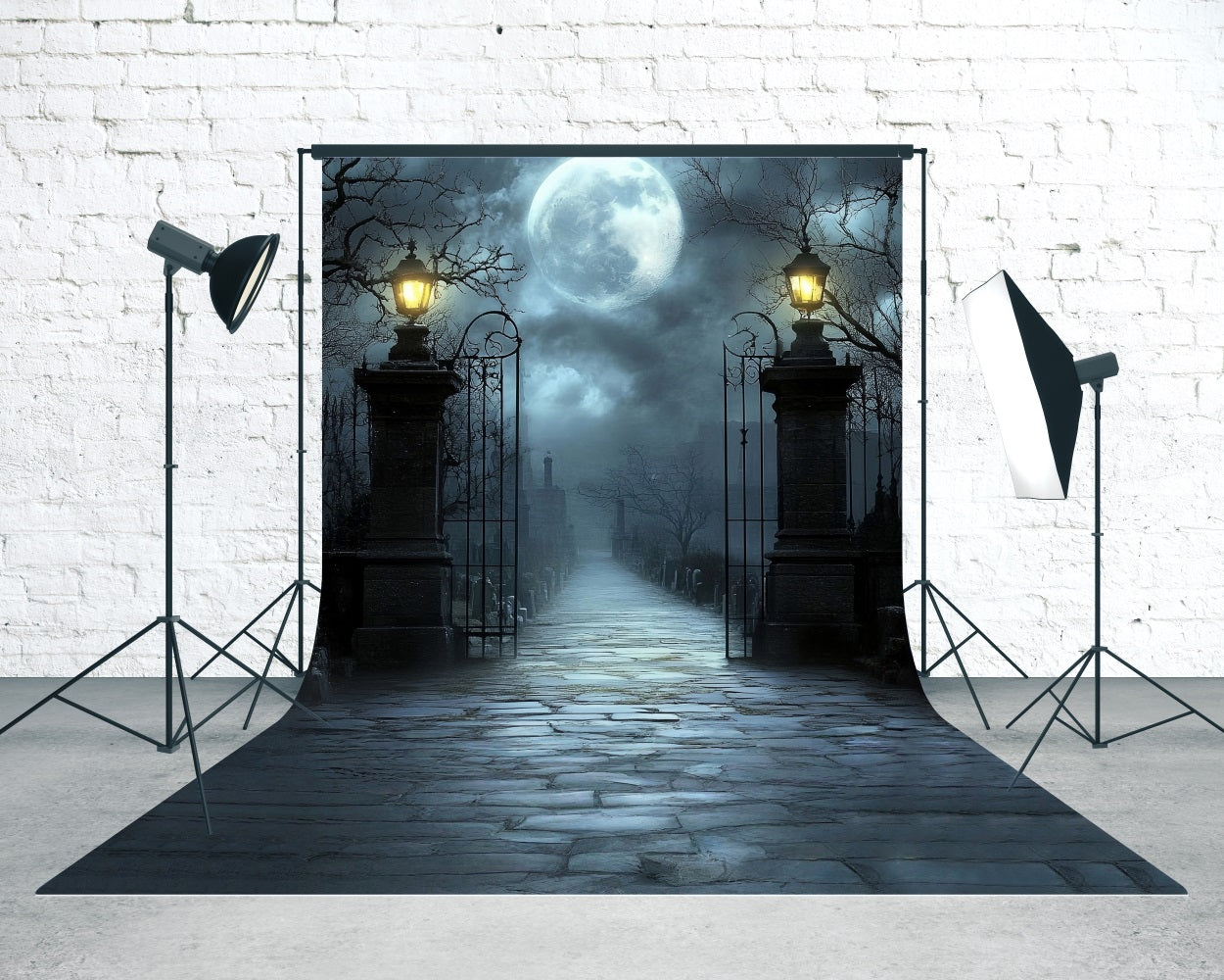 Toile de fond Sweep Halloween Nuit au Clair de Lune Réverbère Vintage Portes du Cimetière MRR8-67