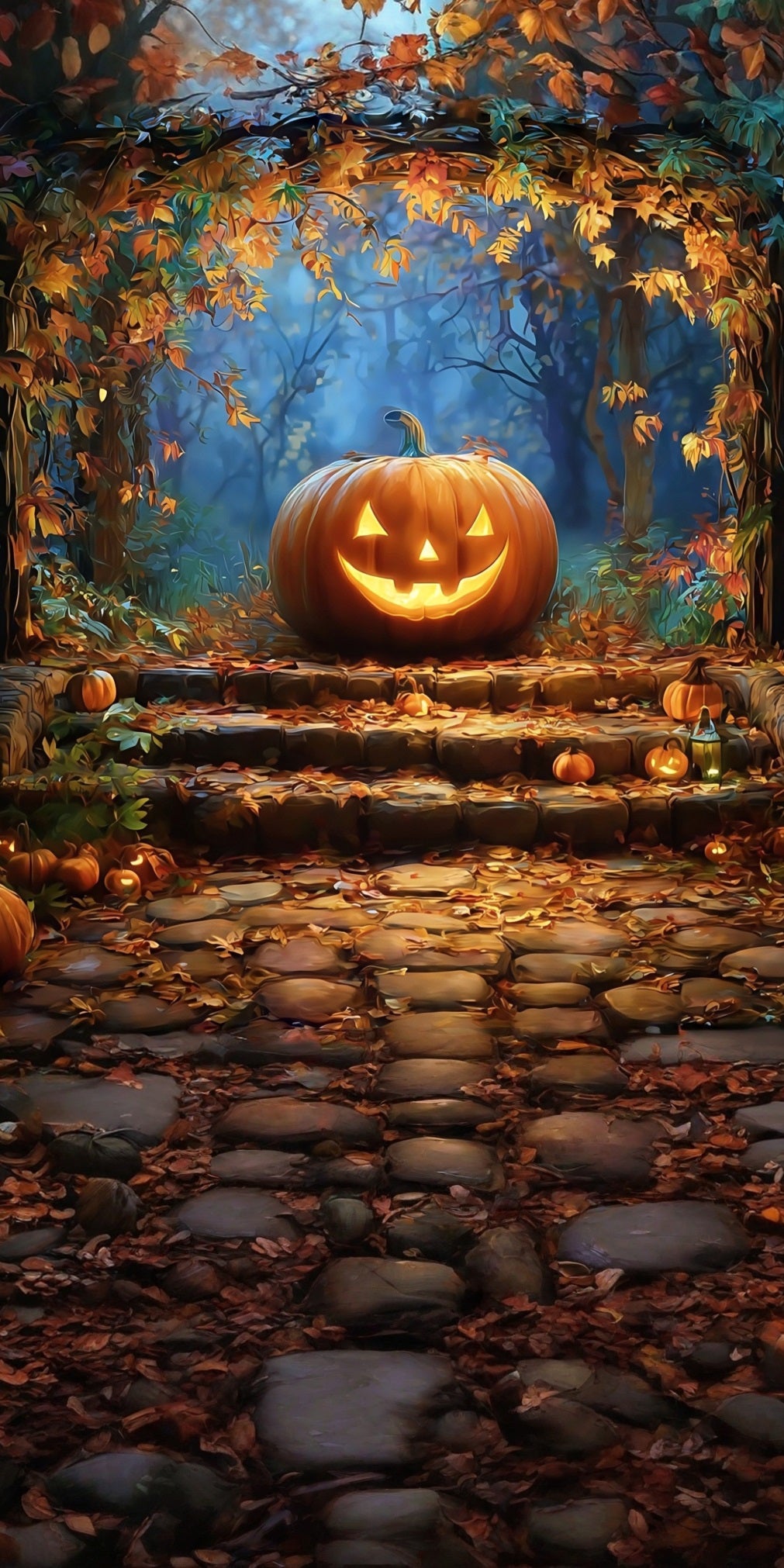 Toile de fond Sweep Halloween Mur Citrouille Souriante Maléfique Feuilles d’Automne MRR8-68