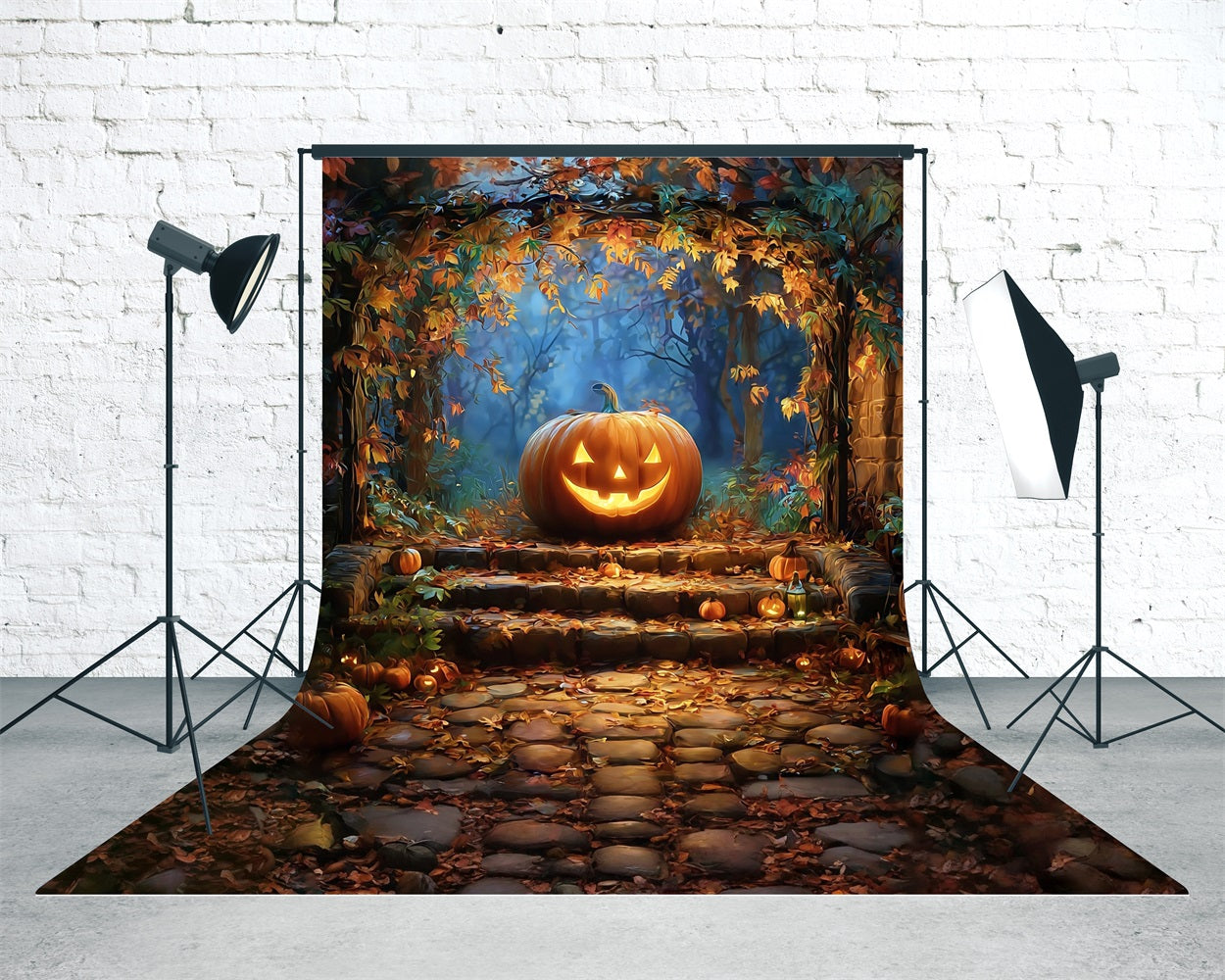 Toile de fond Sweep Halloween Mur Citrouille Souriante Maléfique Feuilles d’Automne MRR8-68