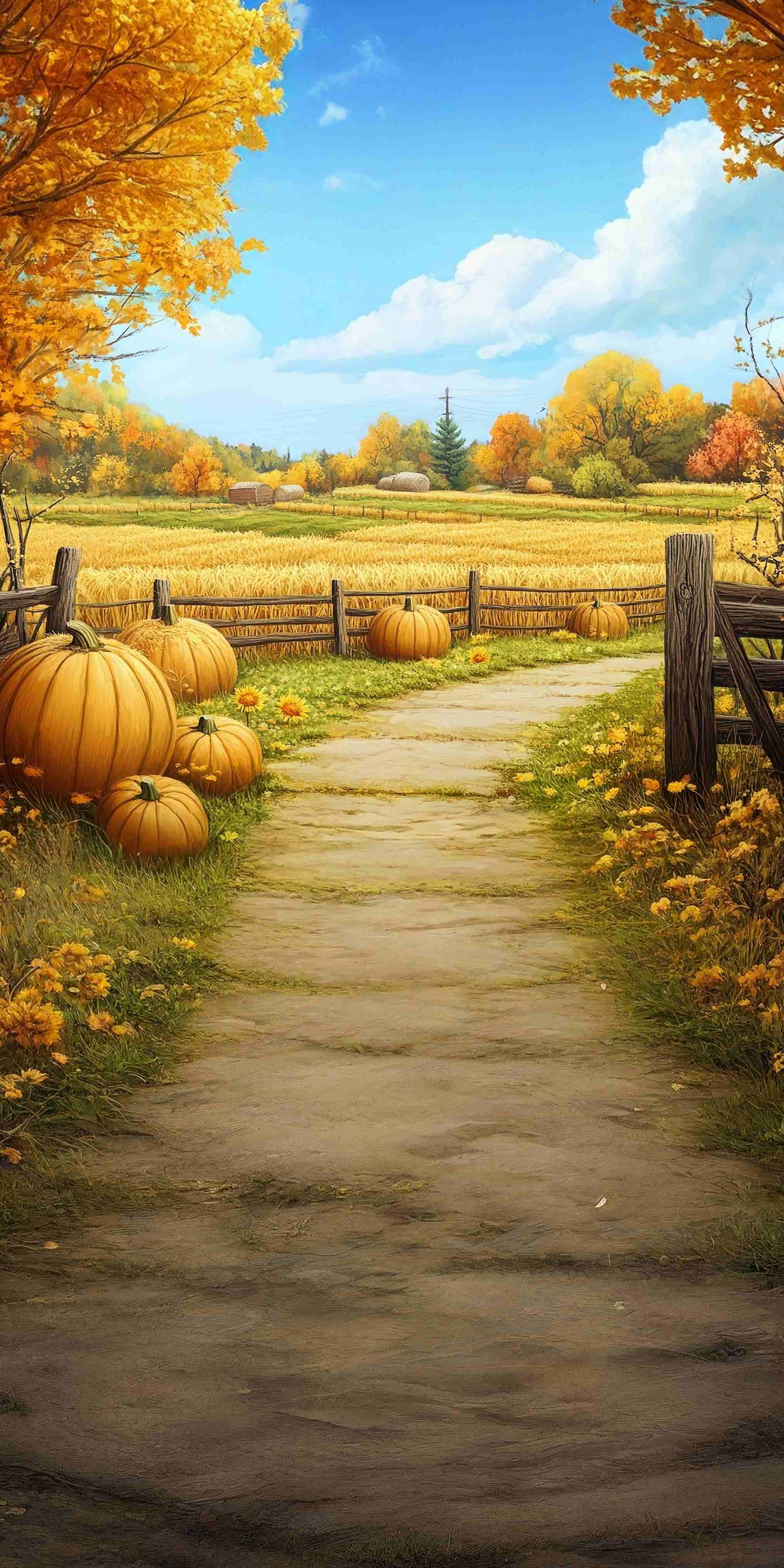Toile de fond Sweep Automne Chemin Citrouilles Dorées Ferme MRR8-71