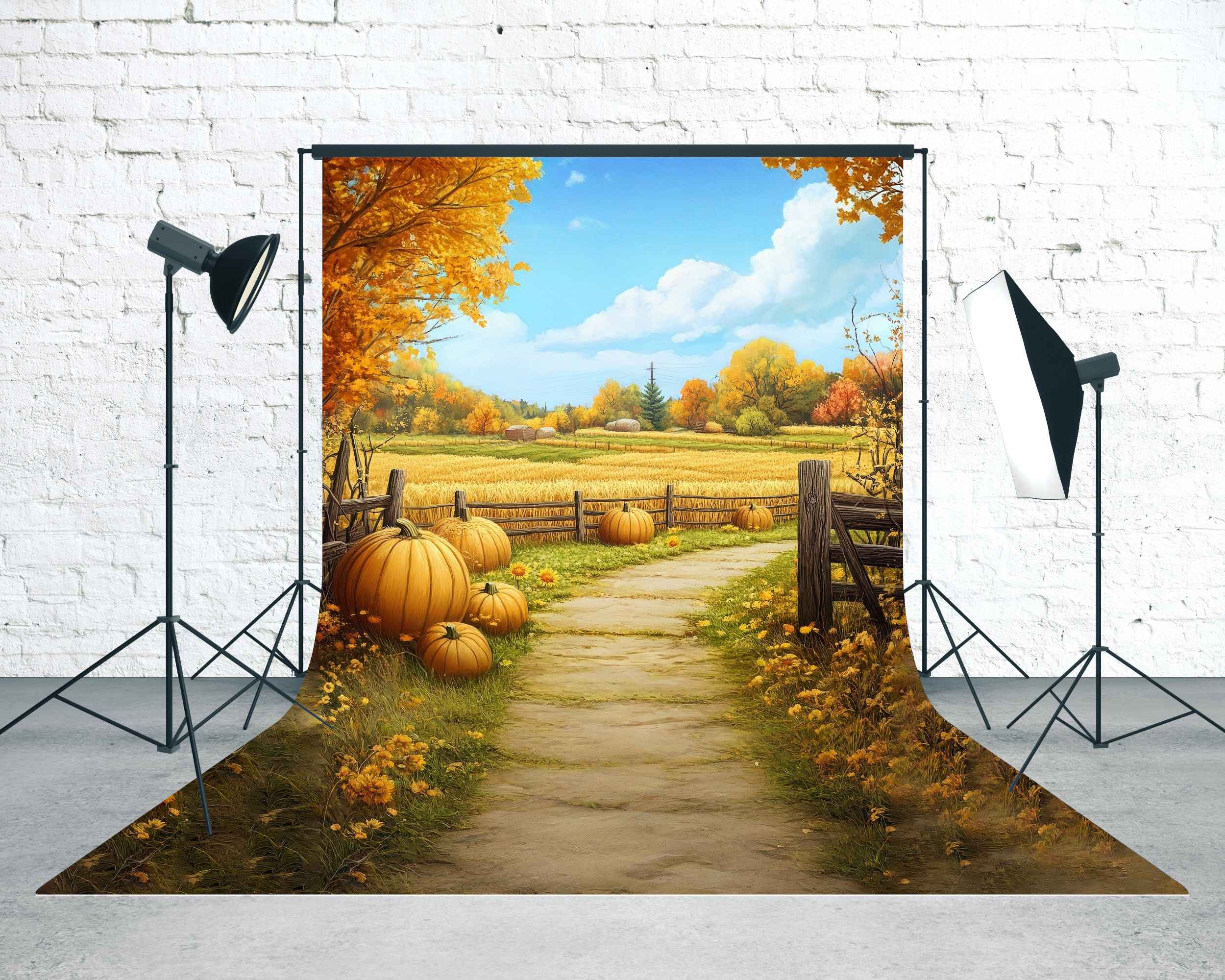 Toile de fond Sweep Automne Chemin Citrouilles Dorées Ferme MRR8-71