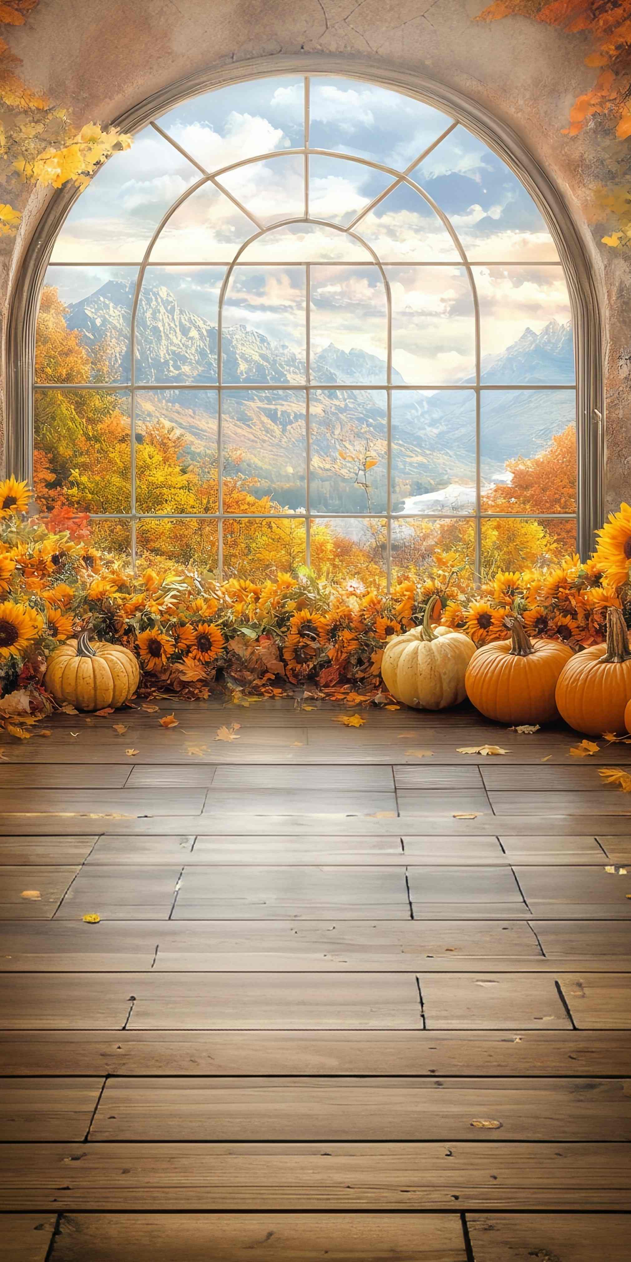Toile de fond Sweep Automne Photo Fenêtre Tournesols Vue Montagne MRR8-72