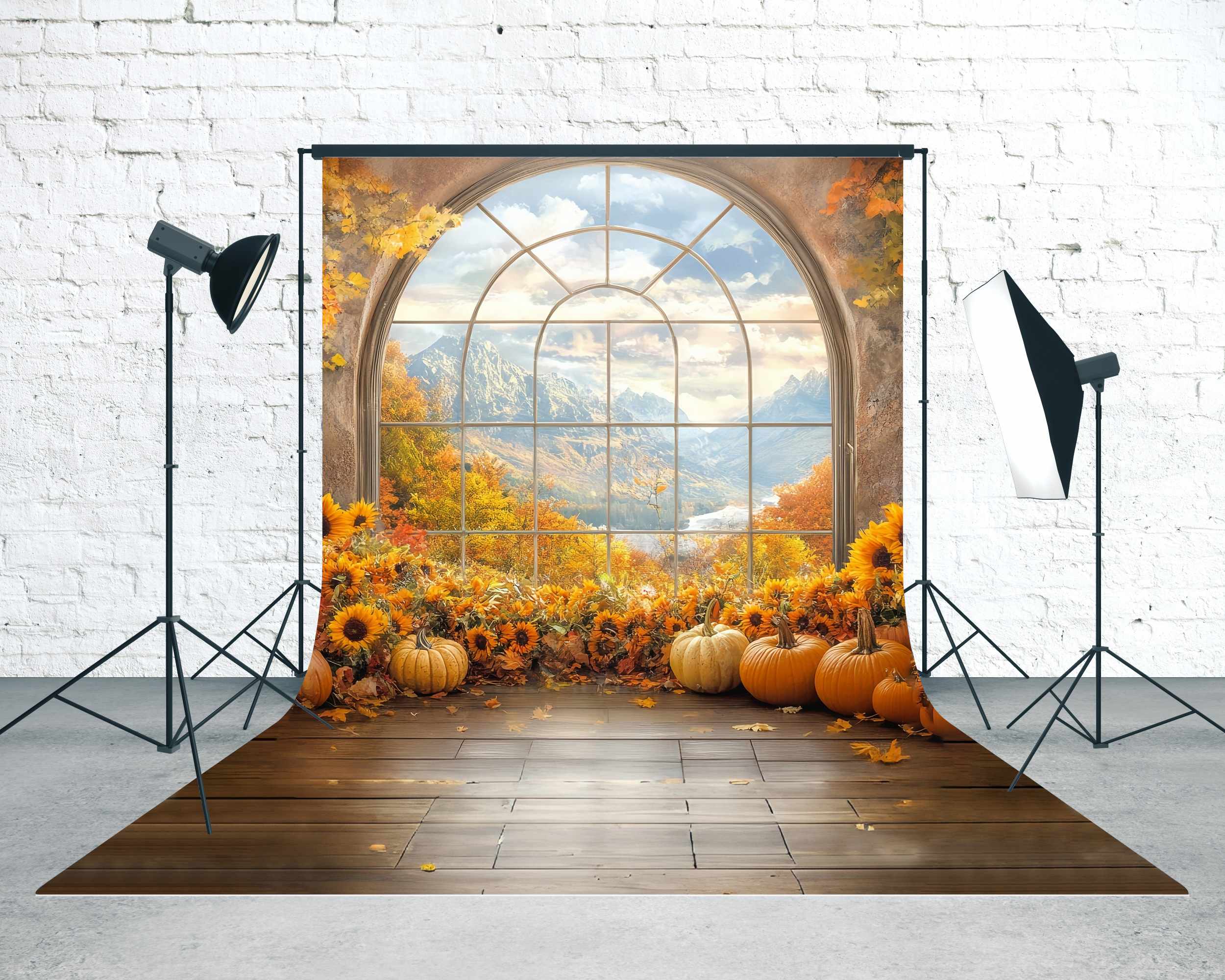 Toile de fond Sweep Automne Photo Fenêtre Tournesols Vue Montagne MRR8-72