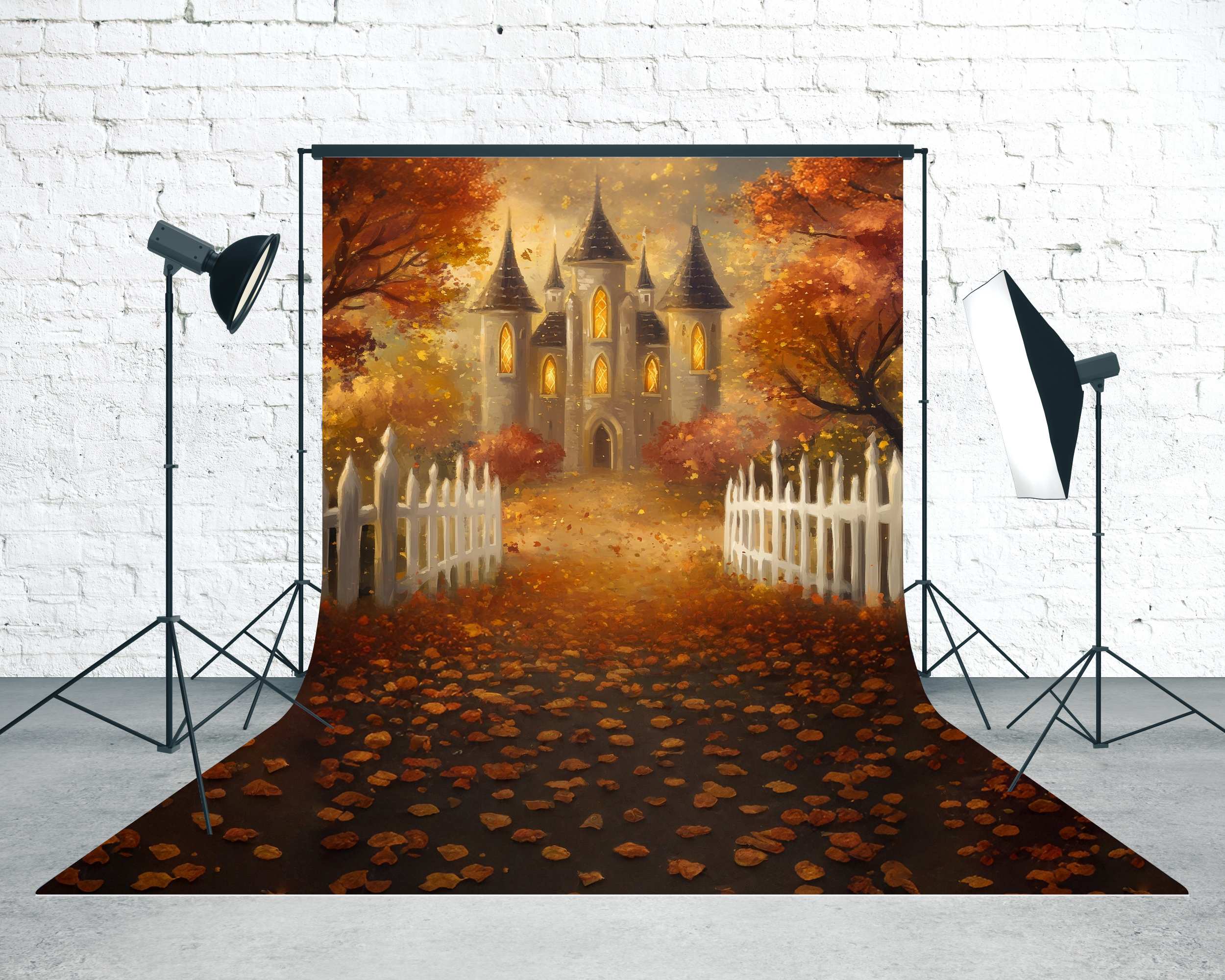 Toile de fond Sweep Automne Château au Clair de Lune Feuilles MRR8-76