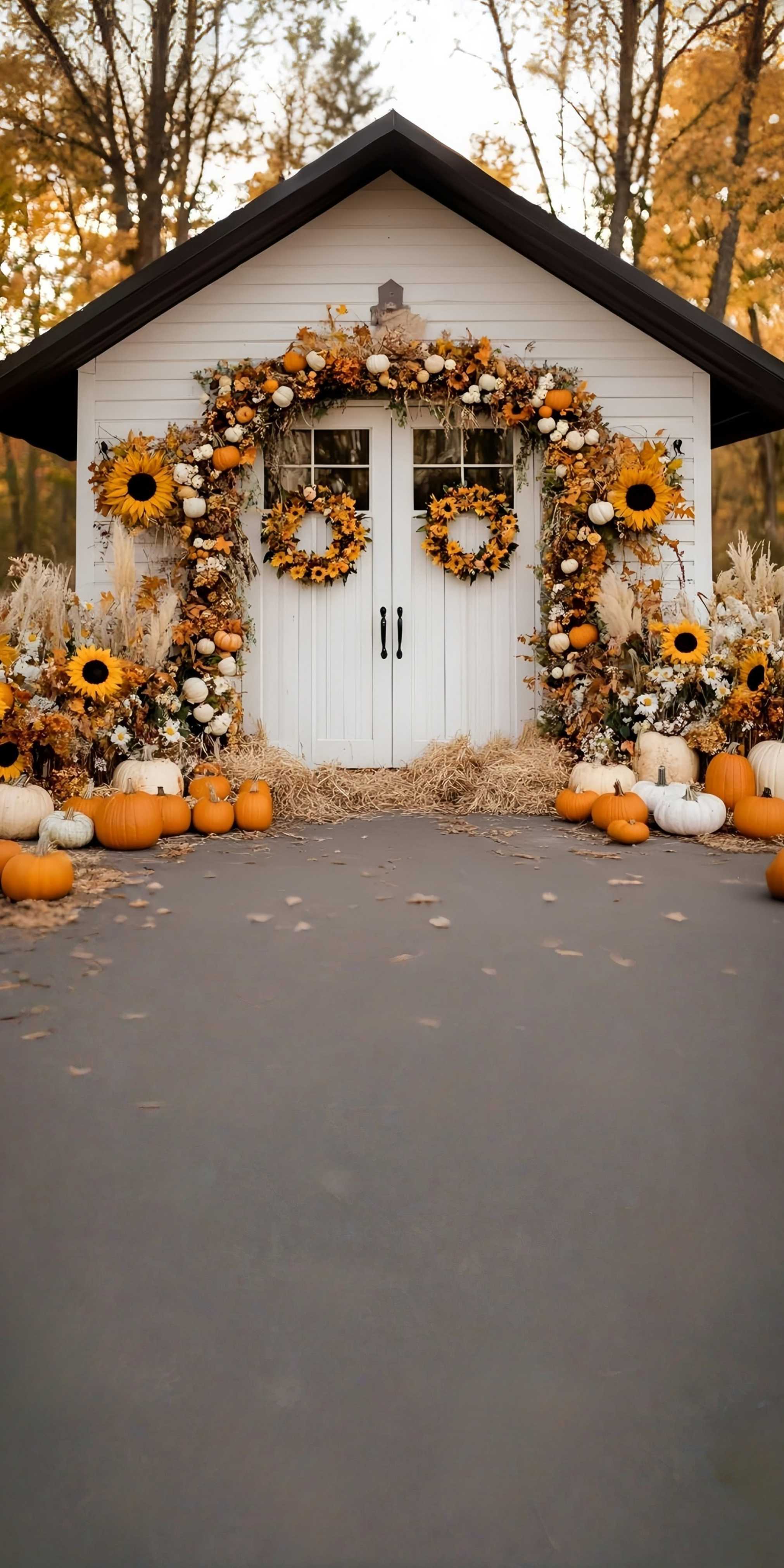 Toile de fond Sweep Automne Photo Porche Cottage Tournesols Citrouilles MRR8-79