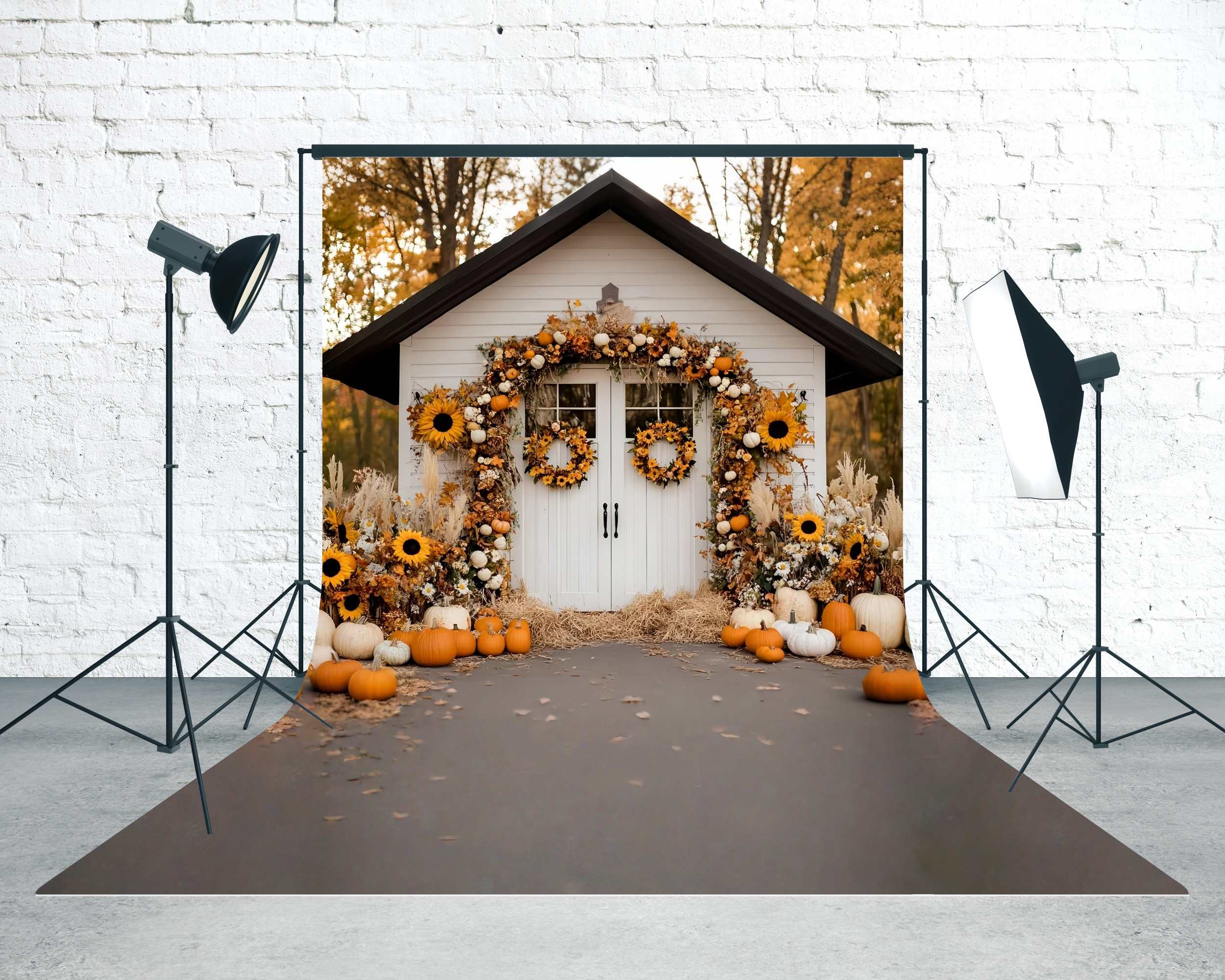Toile de fond Sweep Automne Photo Porche Cottage Tournesols Citrouilles MRR8-79