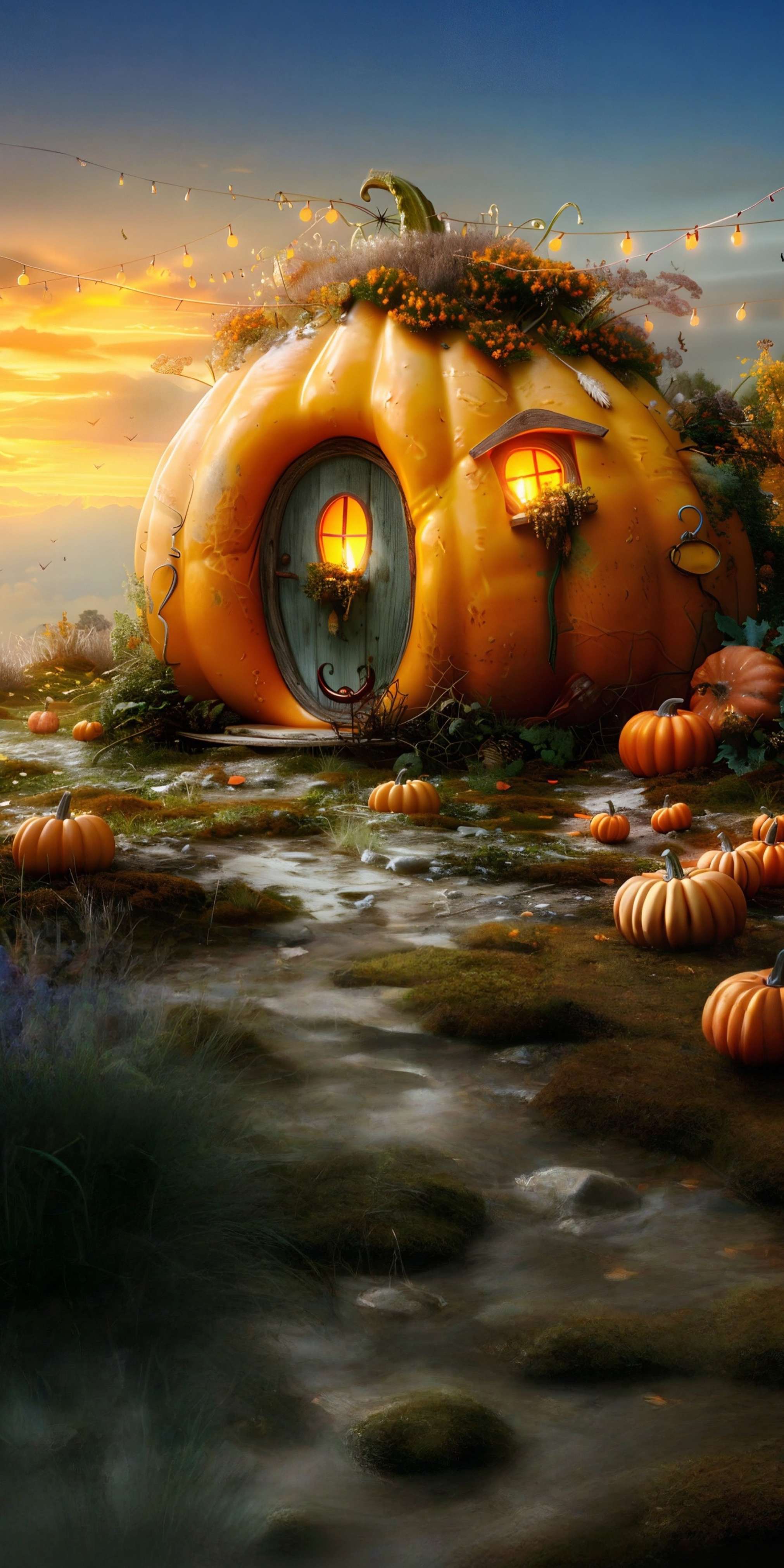 Toile de fond Sweep Automne Photo Sentier Cottage Citrouilles Enchanteur MRR8-88