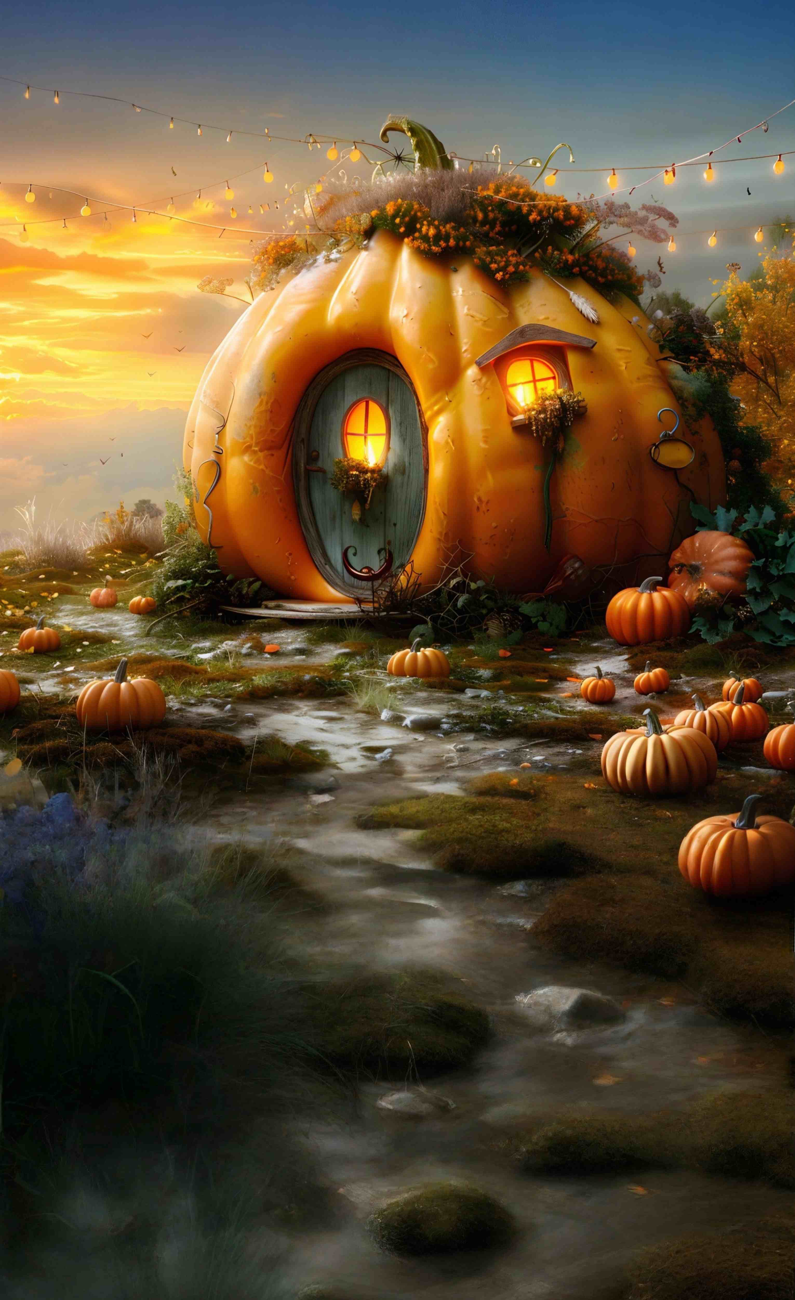Toile de fond Sweep Automne Photo Sentier Cottage Citrouilles Enchanteur MRR8-88