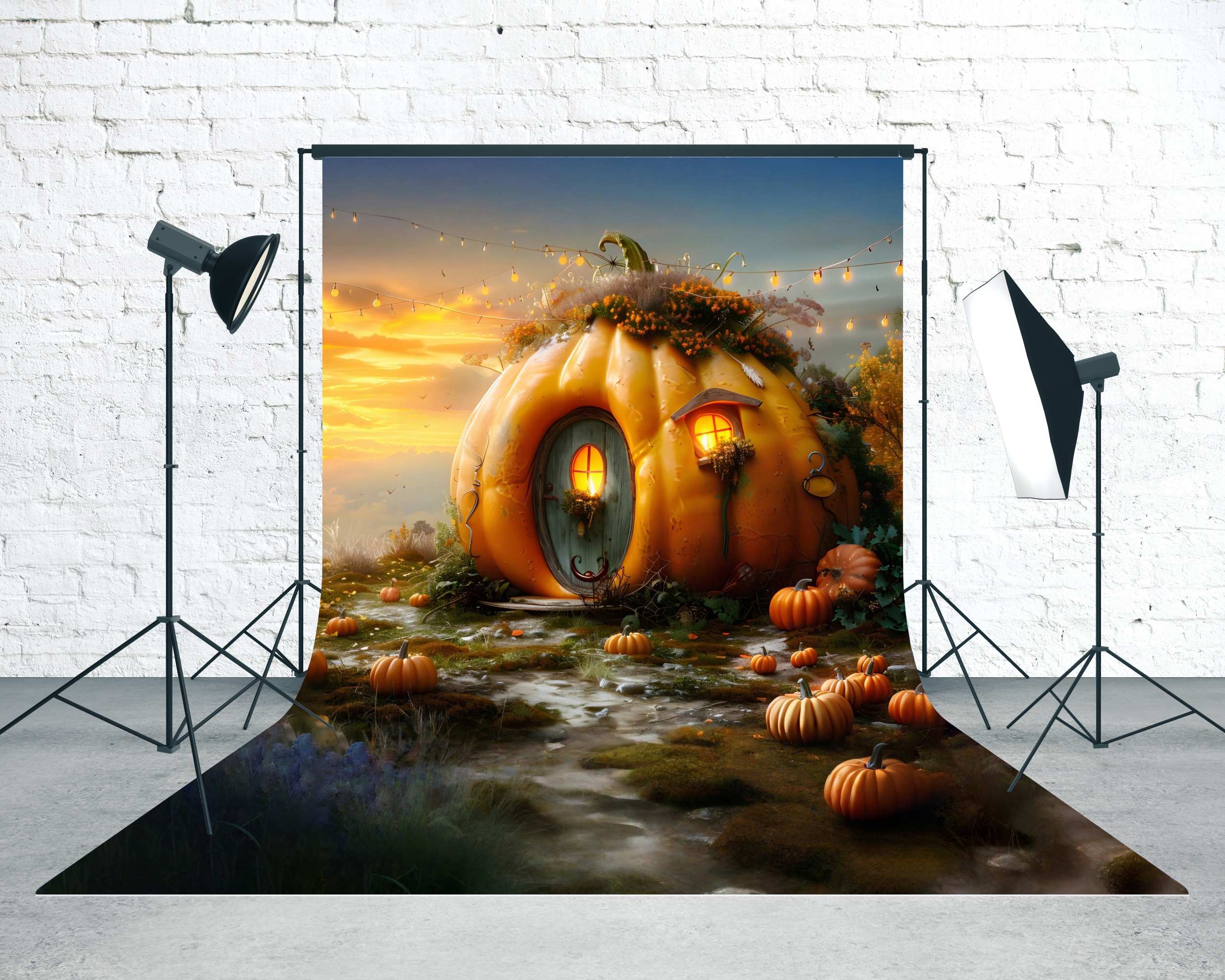 Toile de fond Sweep Automne Photo Sentier Cottage Citrouilles Enchanteur MRR8-88