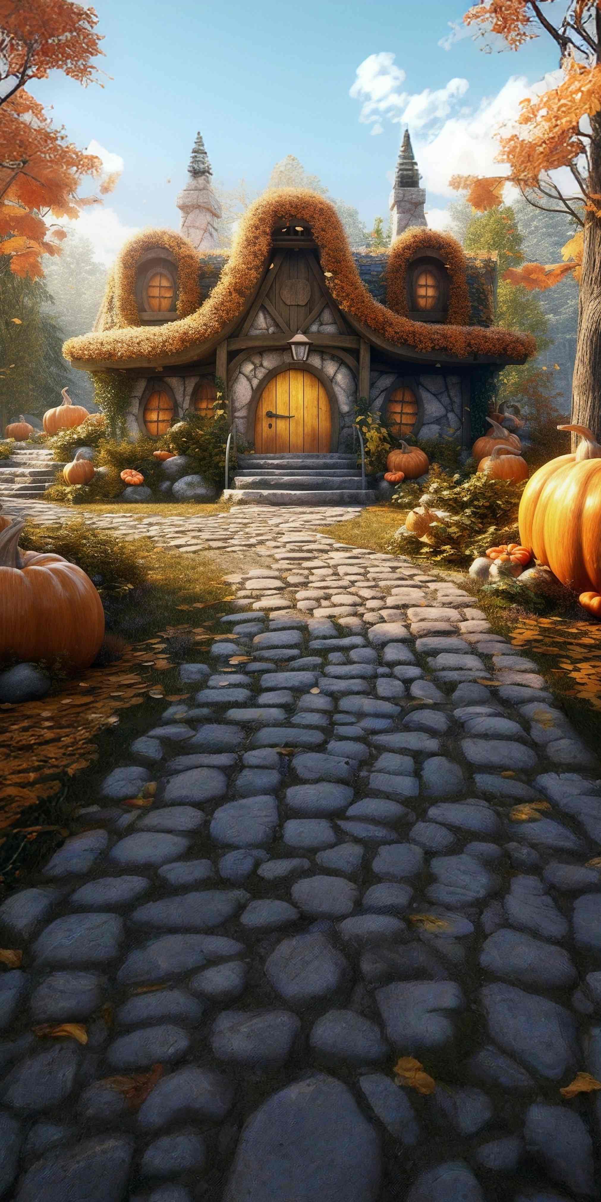Toile de fond Sweep Automne Photo Sentier Cottage Citrouilles MRR8-91