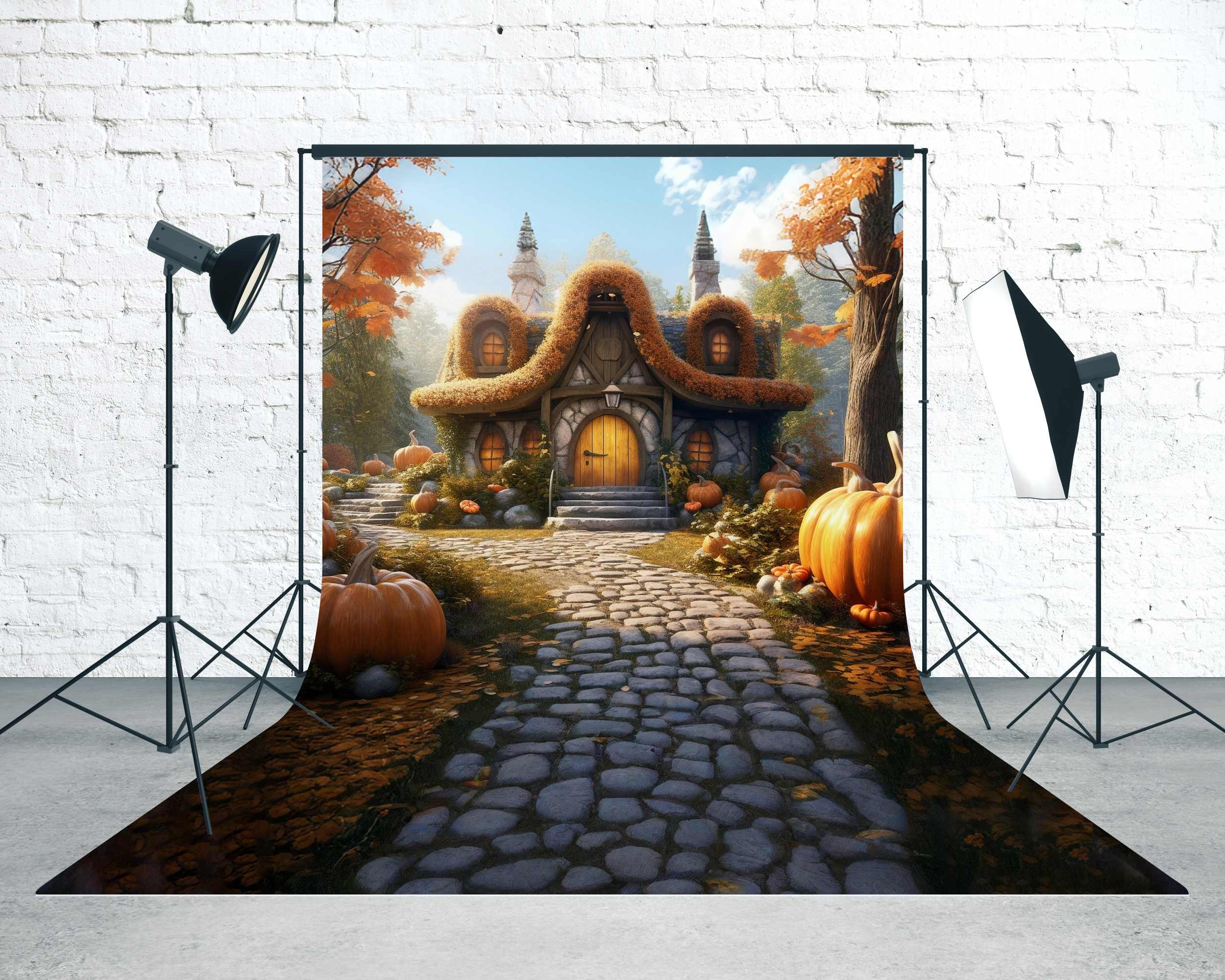 Toile de fond Sweep Automne Photo Sentier Cottage Citrouilles MRR8-91