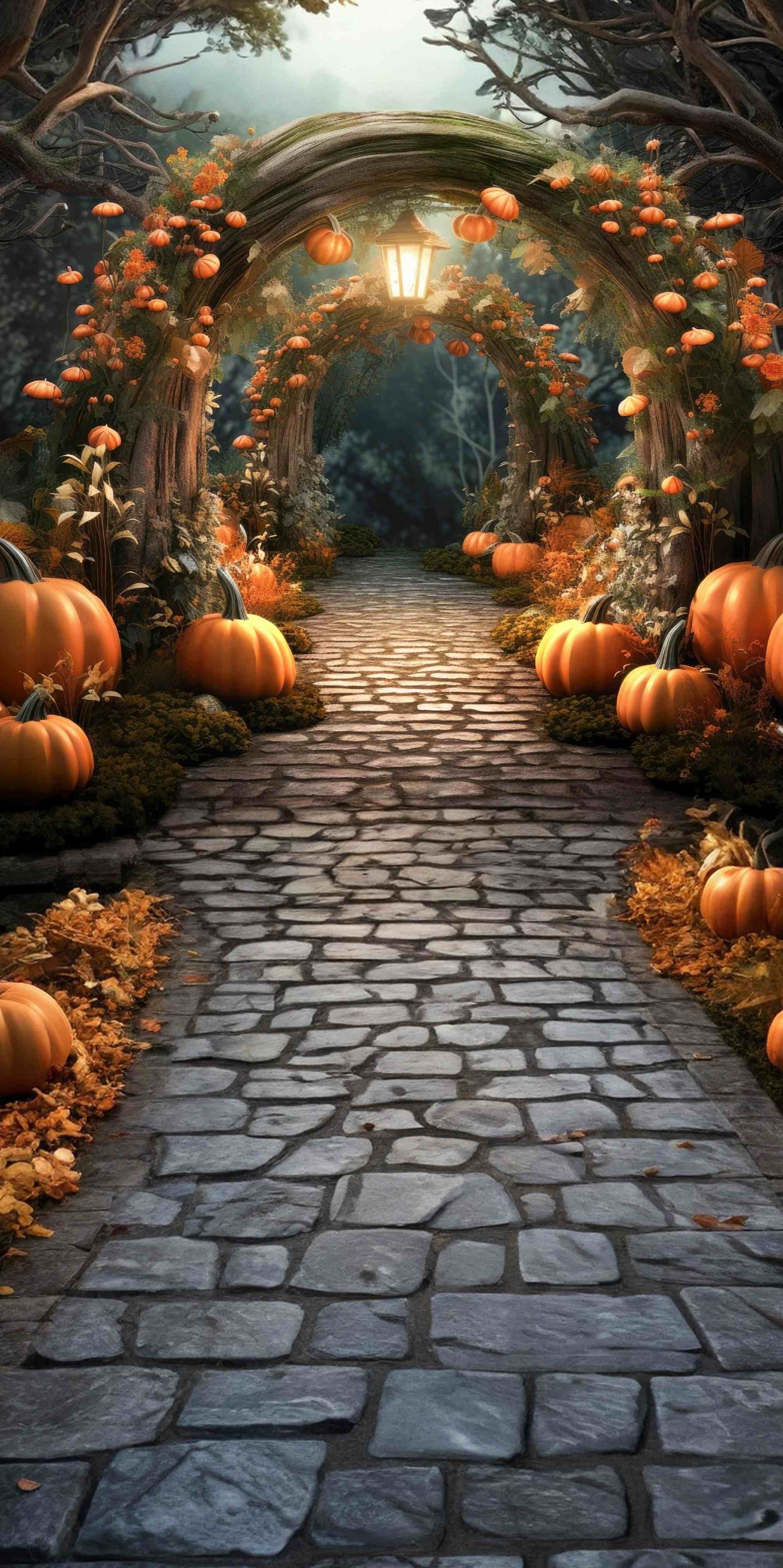 Toile de fond Sweep Feuilles d’Automne Sentier Arche Citrouilles Enchantées MRR8-92