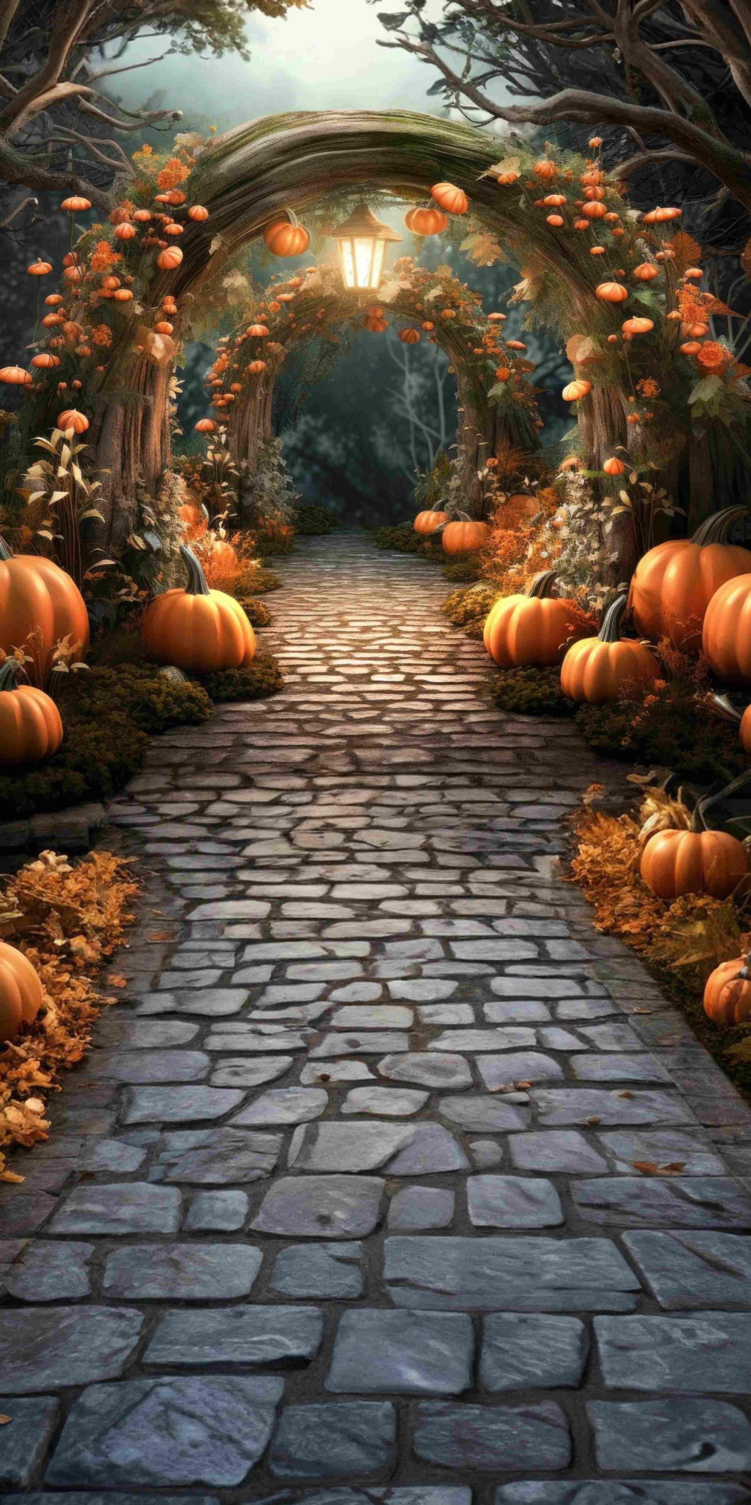 Toile de fond Sweep Feuilles d’Automne Sentier Arche Citrouilles Enchantées MRR8-92