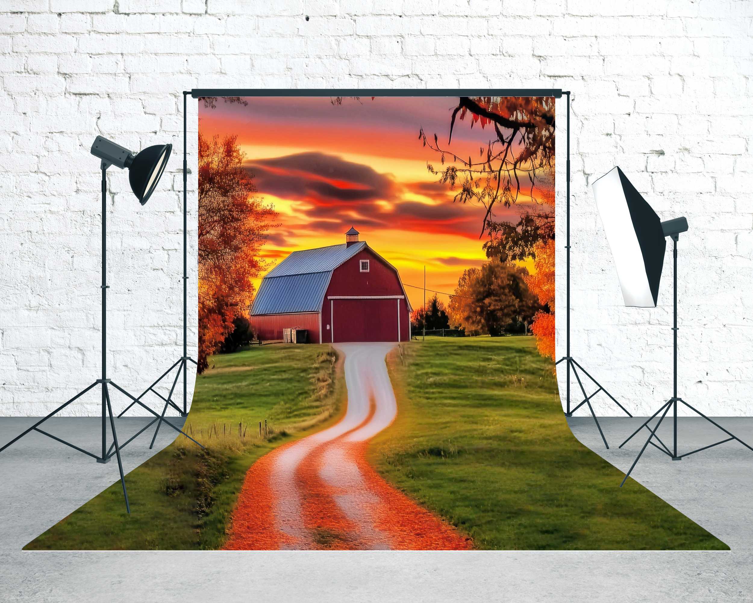Toile de fond Sweep Automne Ferme Route Coucher de Soleil Doré MRR8-94
