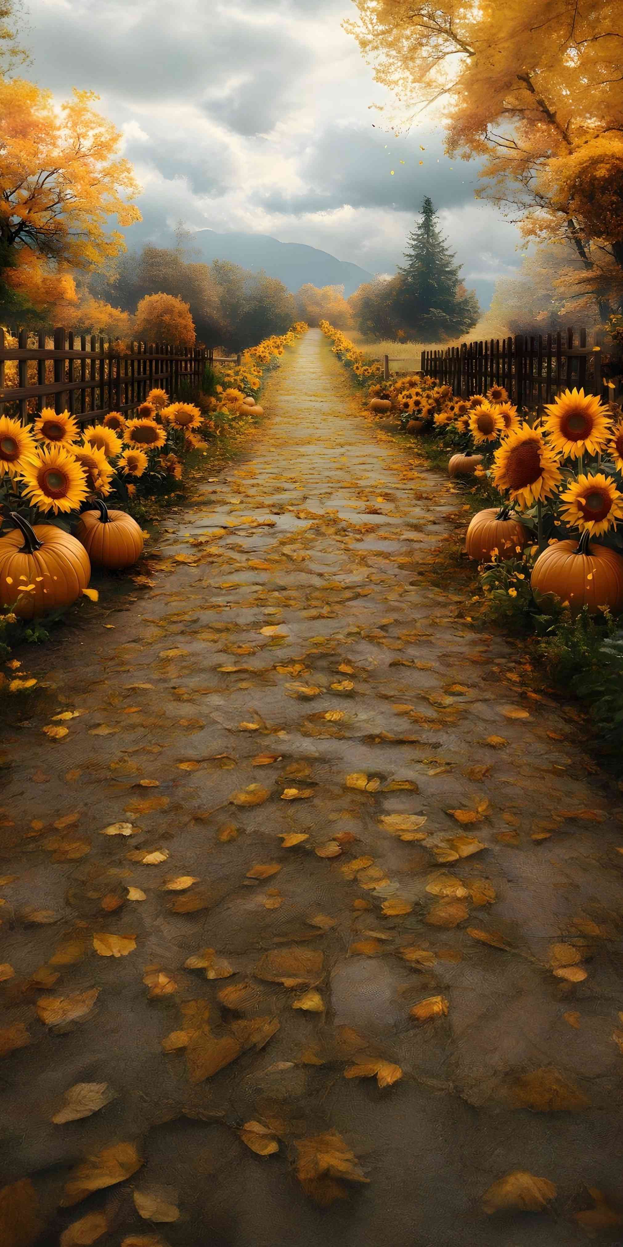Toile de fond Sweep Automne Photo Sentier Citrouilles Tournesols Dorés MRR8-95