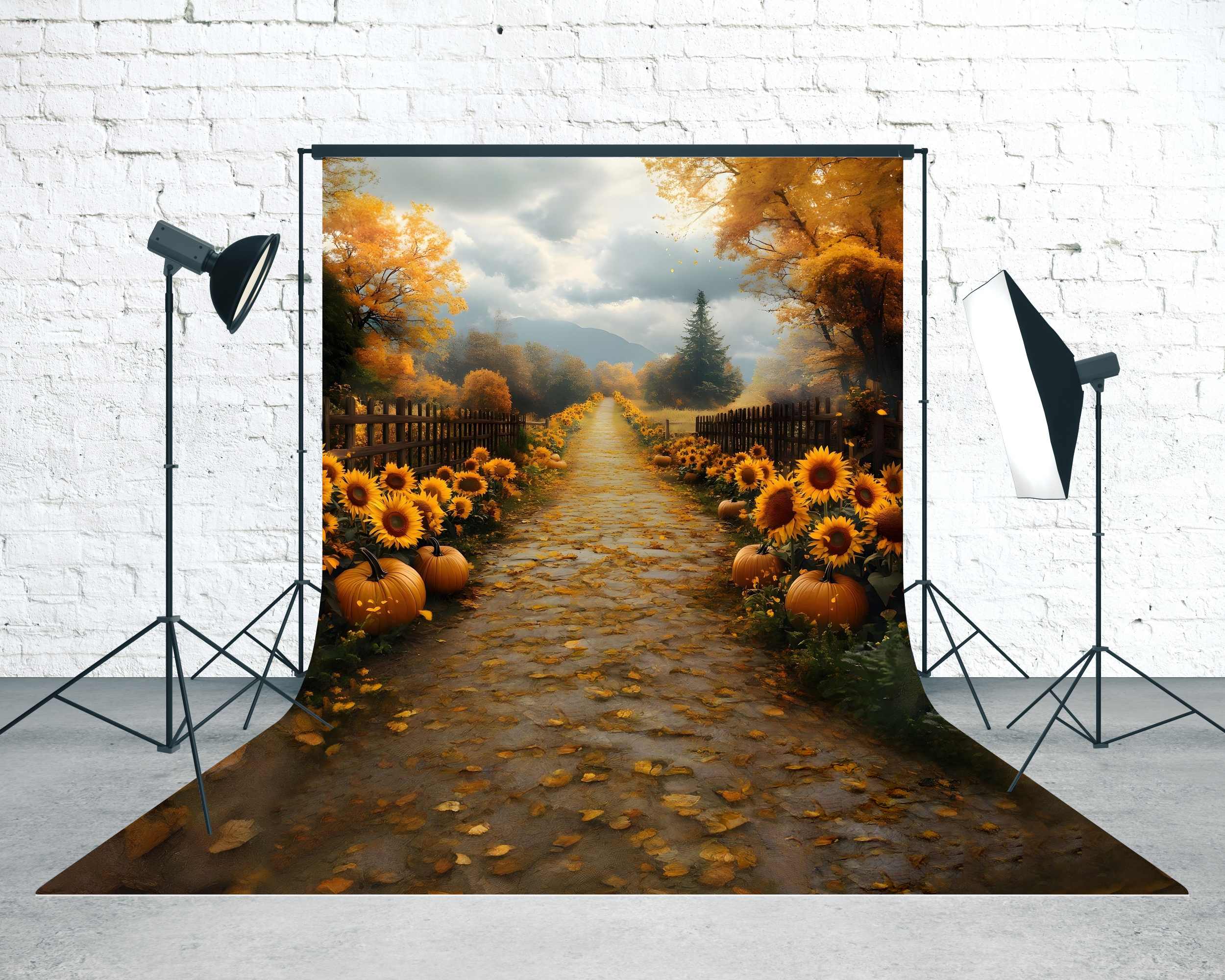 Toile de fond Sweep Automne Photo Sentier Citrouilles Tournesols Dorés MRR8-95