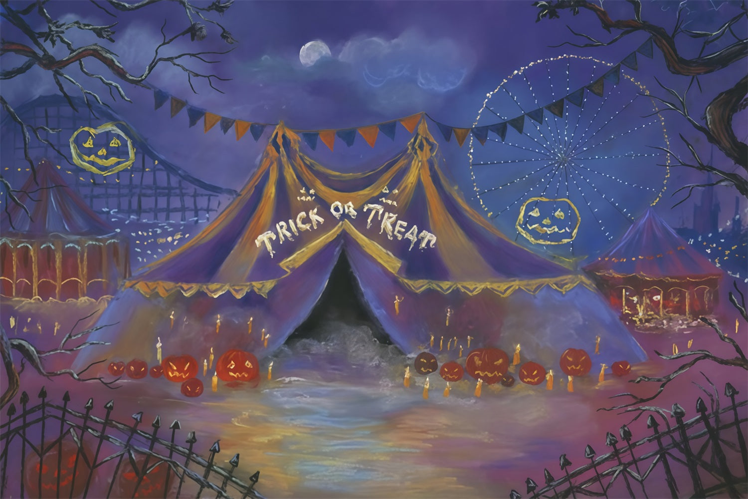 Toile de fond Halloween Chapiteau Carnaval Citrouilles Lune Halloween Photo MRR9-102