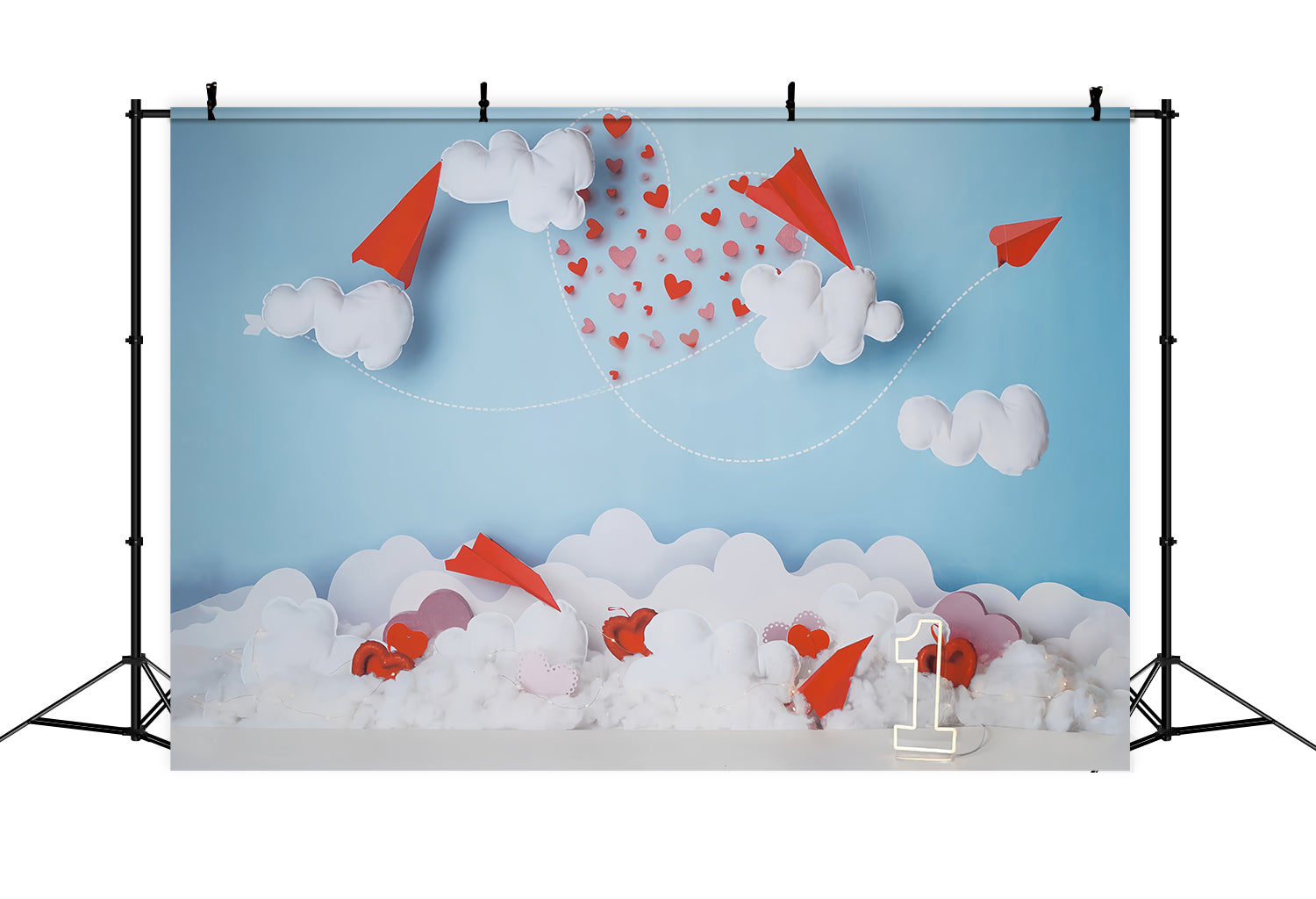 Toile de fond Saint-Valentin Avions en Papier Nuages Traînée de Cœurs MRR9-104