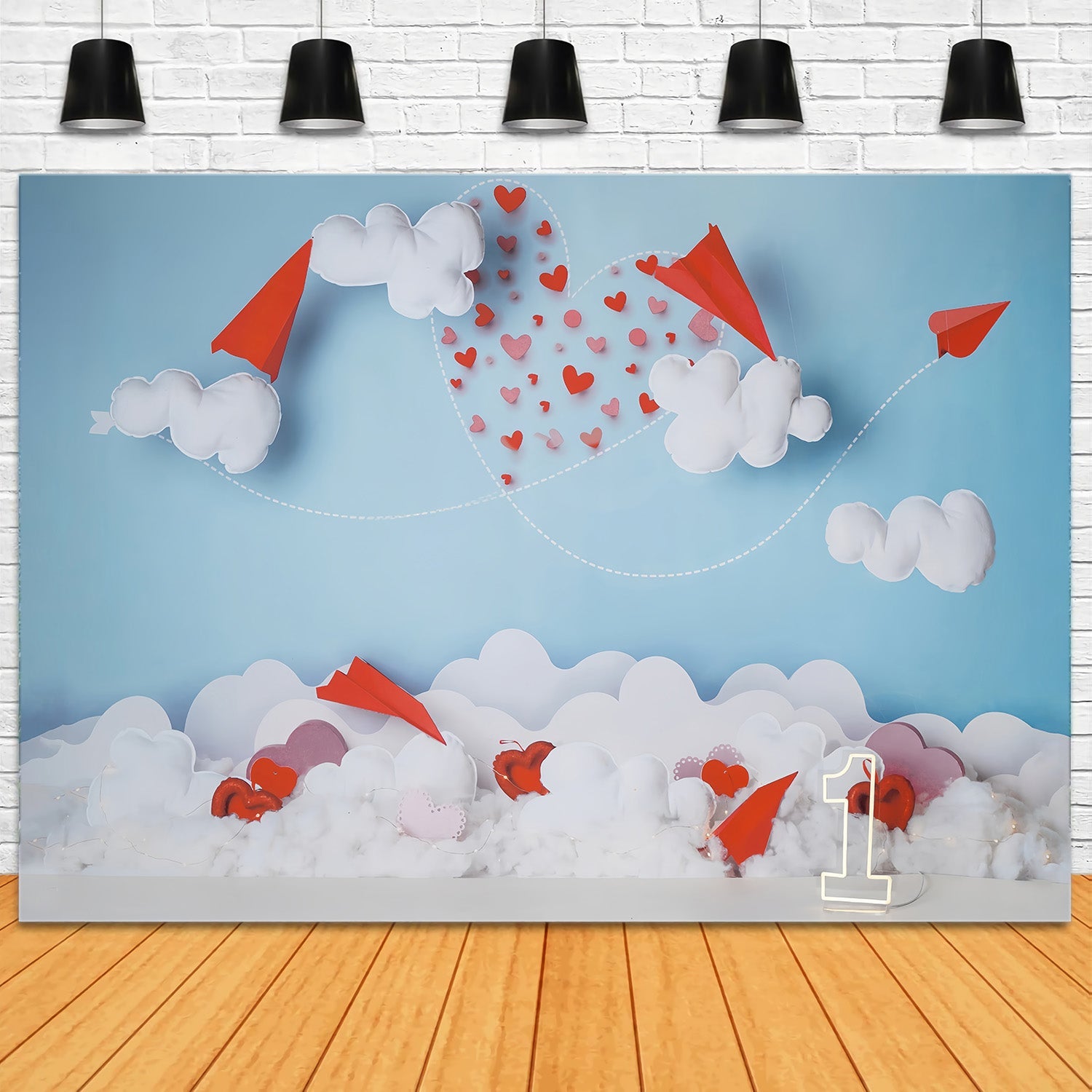 Toile de fond Saint-Valentin Avions en Papier Nuages Traînée de Cœurs MRR9-104