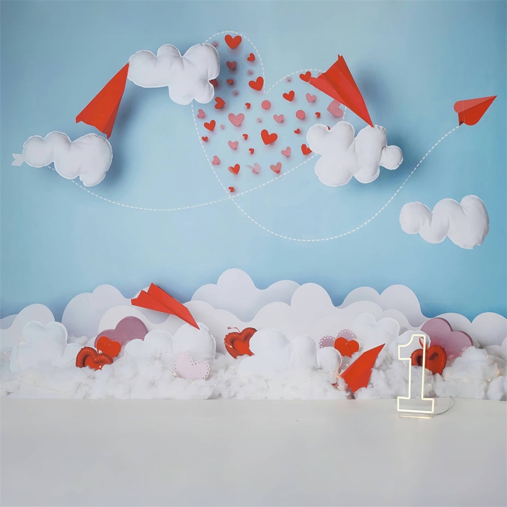 Toile de fond Saint-Valentin Avions en Papier Nuages Traînée de Cœurs MRR9-104