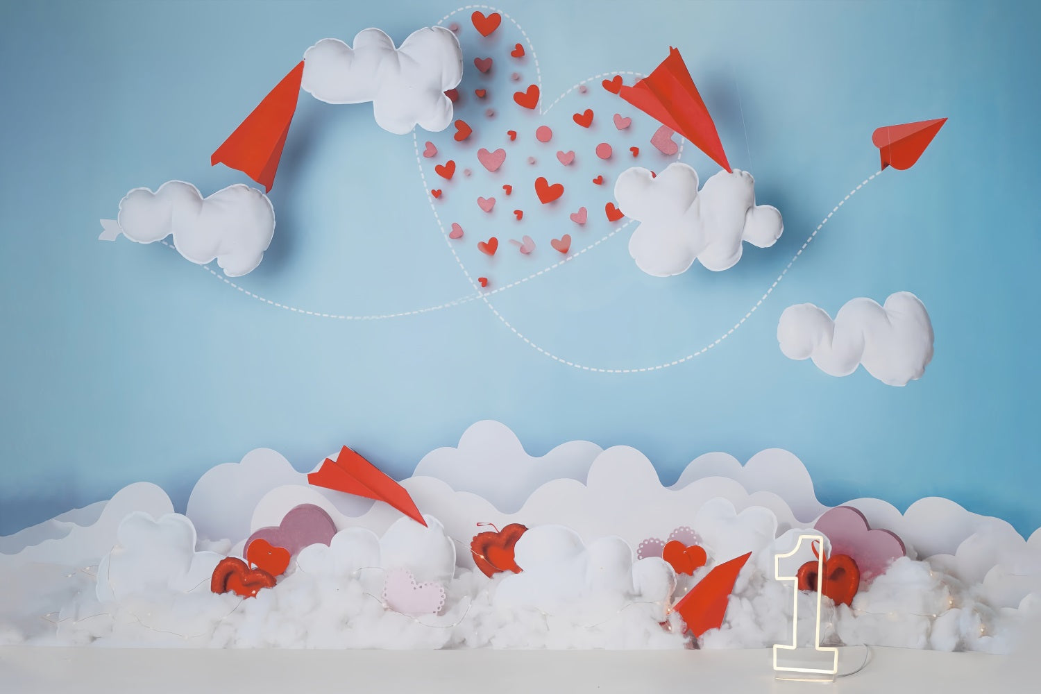 Toile de fond Saint-Valentin Avions en Papier Nuages Traînée de Cœurs MRR9-104