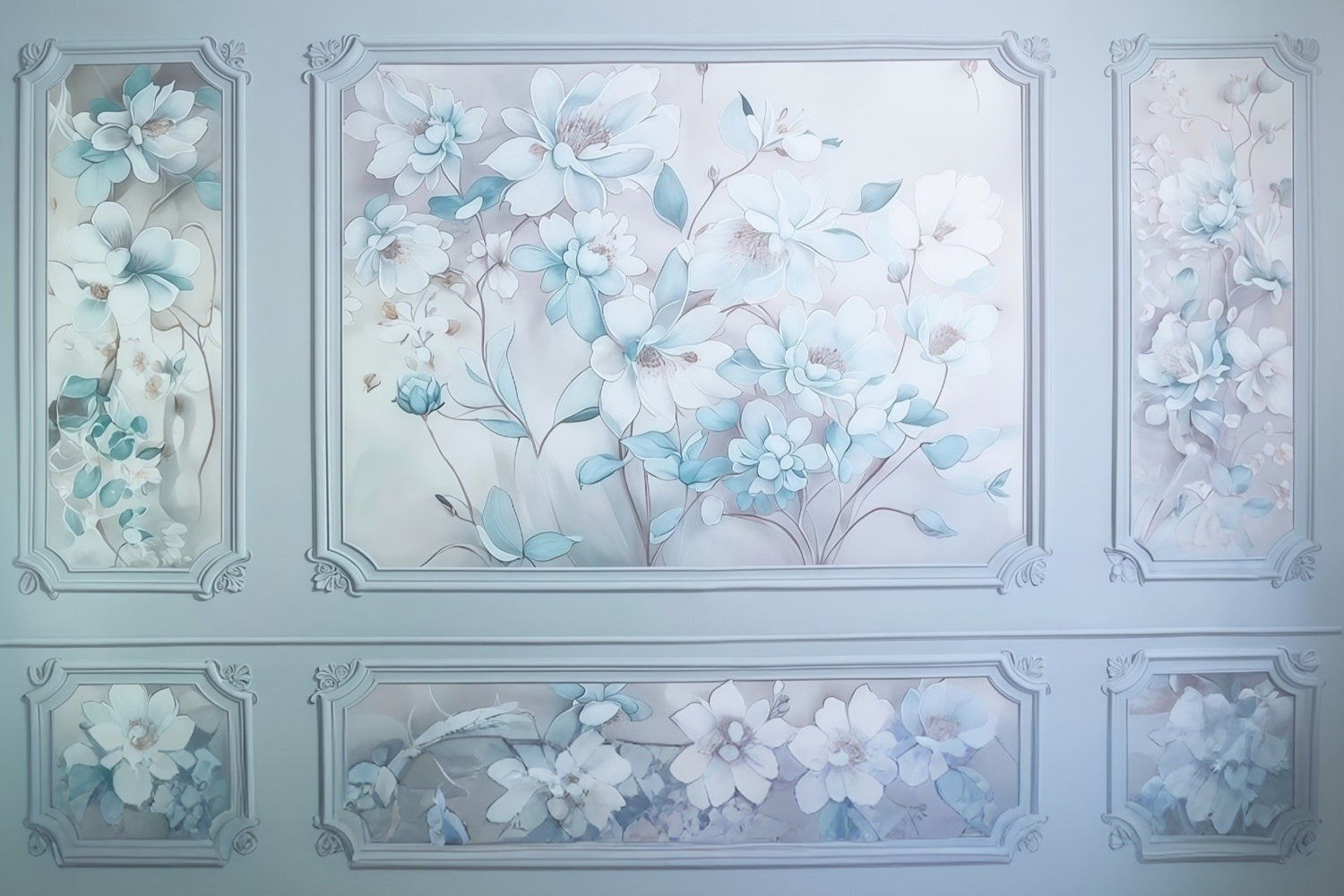 Toile de fond Mur de Fleurs Bleu Blanc Panneaux Floraux Vintage MRR9-110