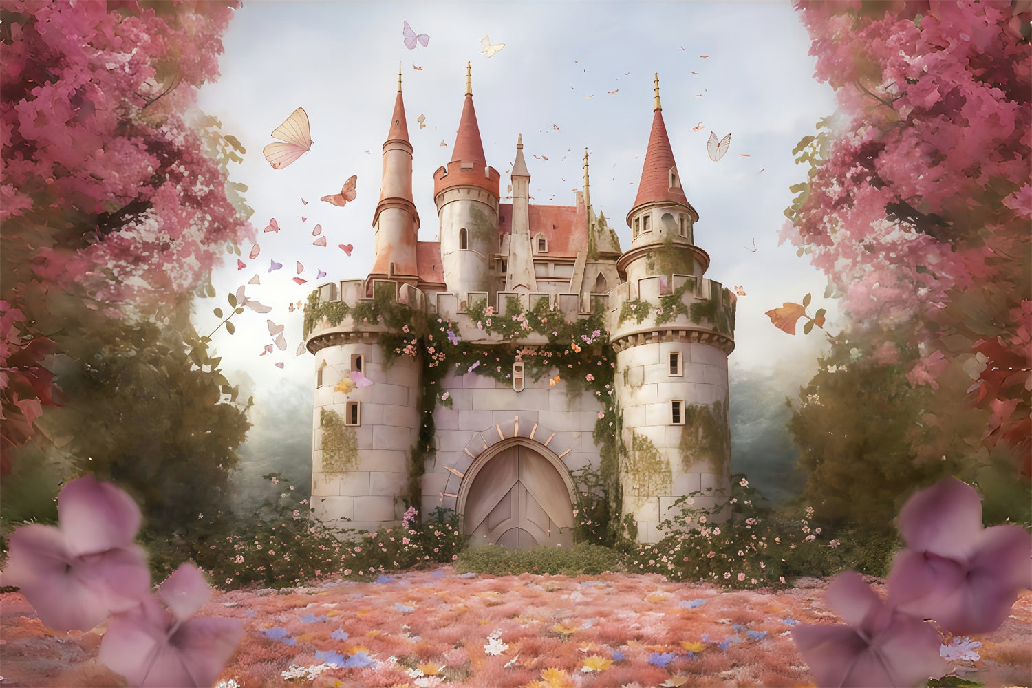 Toile de fond Château Conte de Fées Papillons Château Nouveau-né MRR9-118