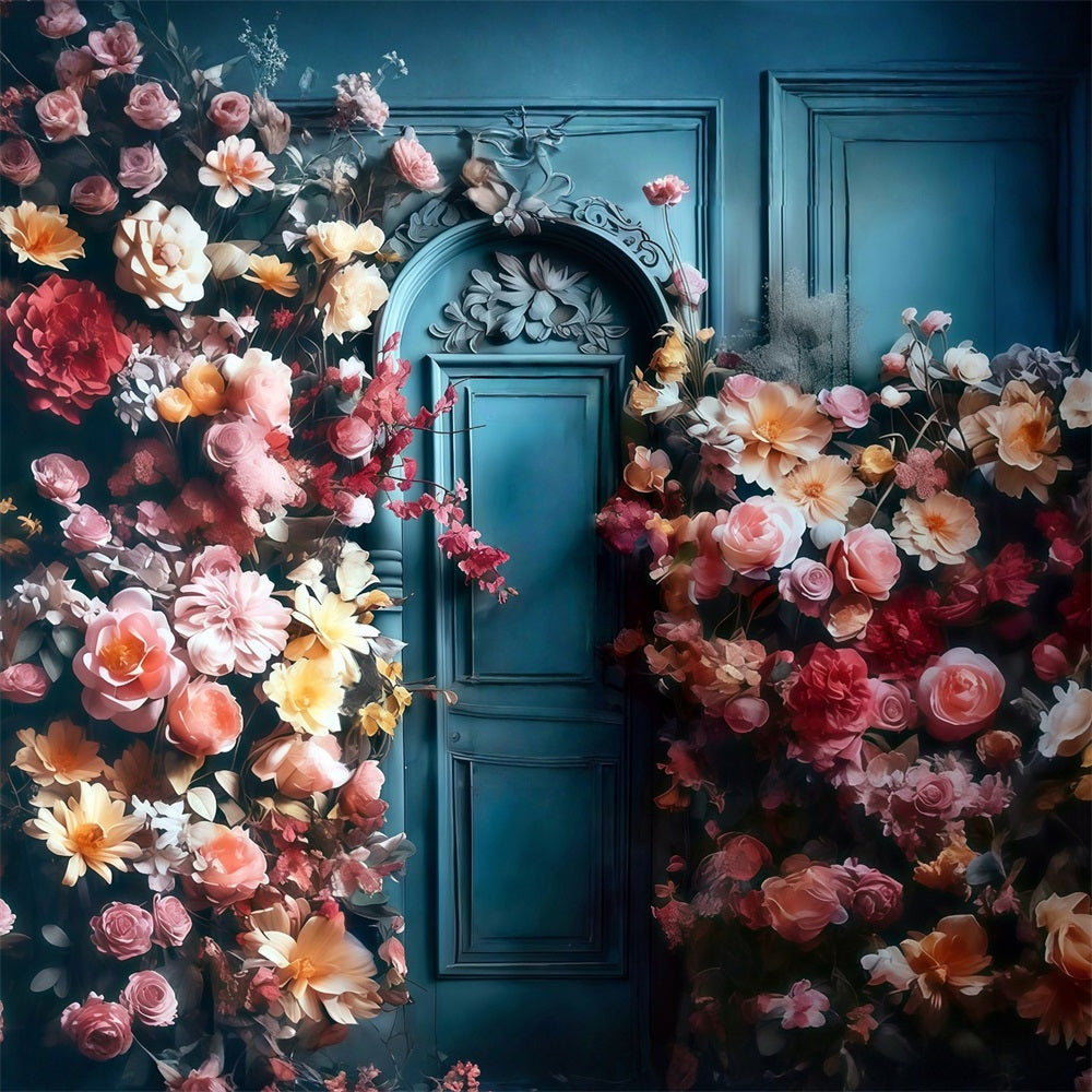 Toile de fond Floral Porte Bleue Fleurs Épanouies Décor Floral MRR9-123