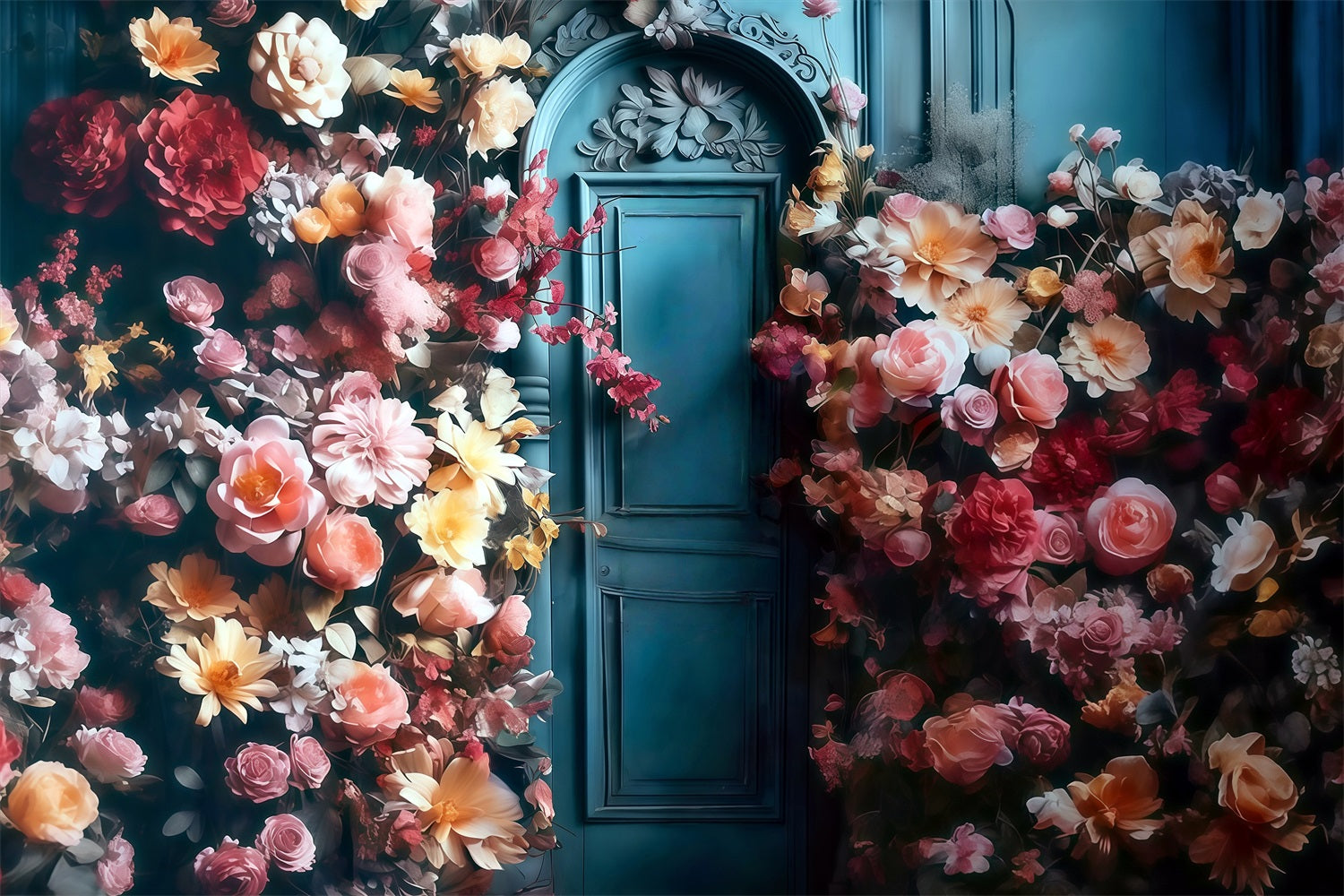 Toile de fond Floral Porte Bleue Fleurs Épanouies Décor Floral MRR9-123