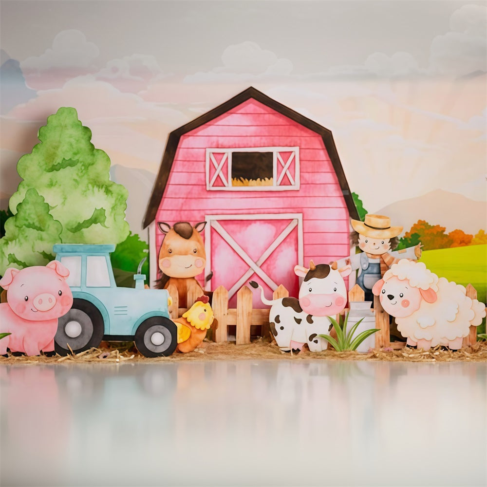 Toile de fond Enfants Ferme Animaux de Dessin Animé Grange Nouveau-né MRR9-125