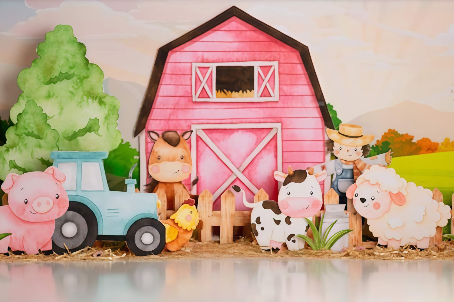 Toile de fond Enfants Ferme Animaux de Dessin Animé Grange Nouveau-né MRR9-125