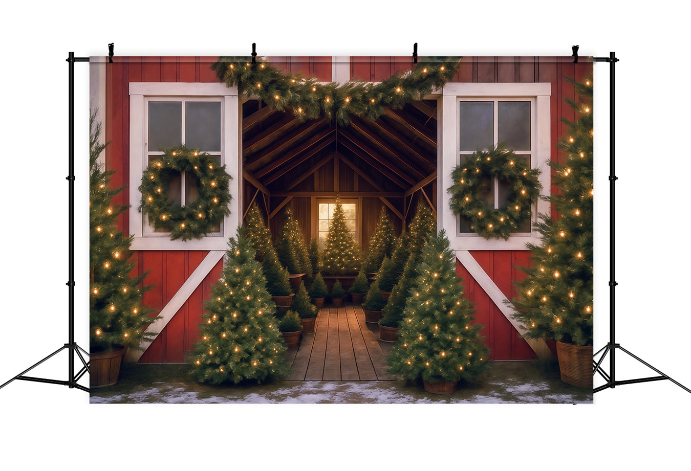 Toile de fond Noël Arbre de Noël Grange Lumières MRR9-13