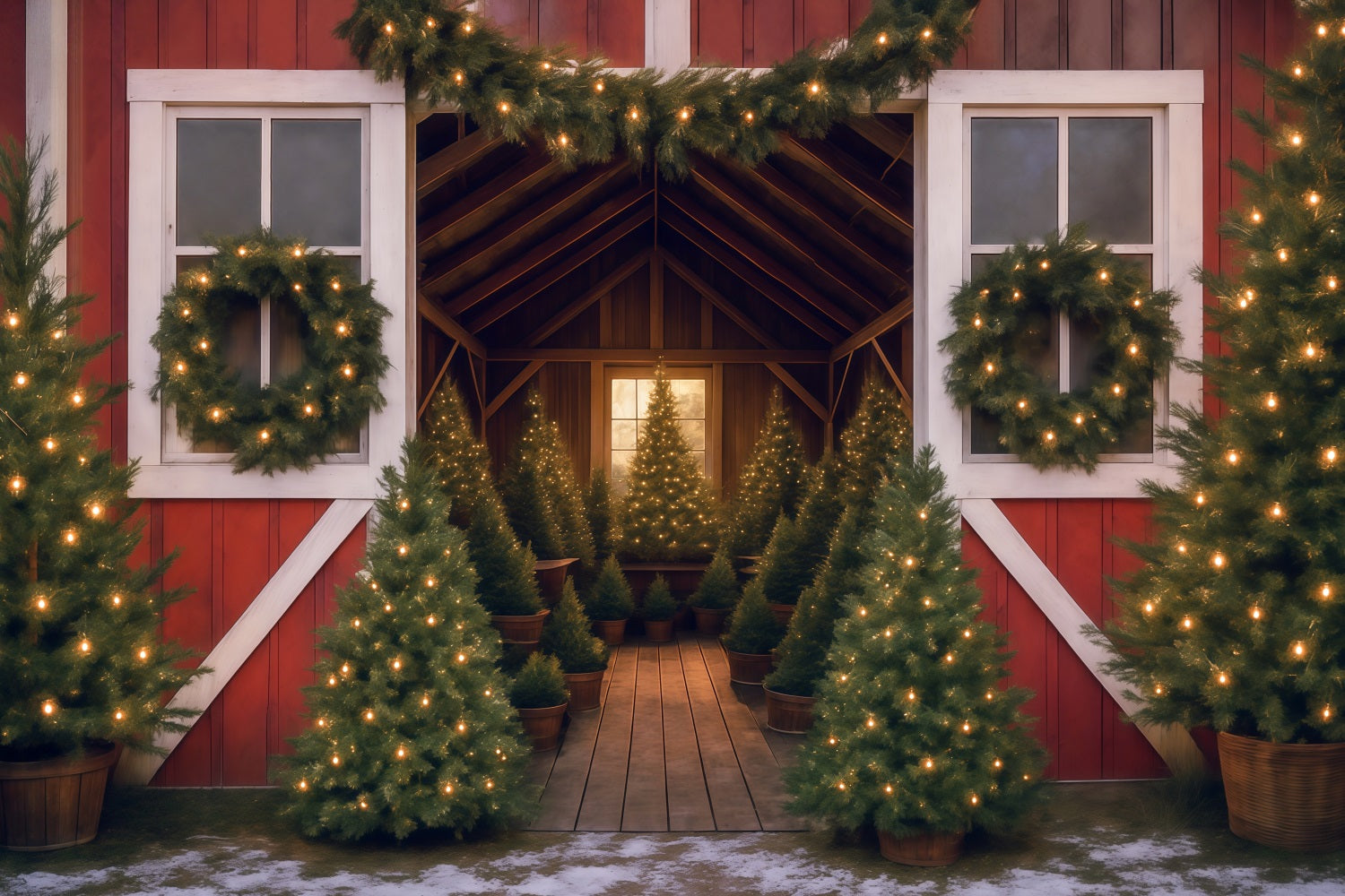 Toile de fond Noël Arbre de Noël Grange Lumières MRR9-13