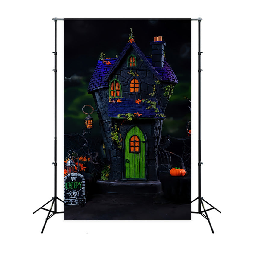 Toile de fond Halloween Maison Hantée Porte Verte Lumières Halloween MRR9-131