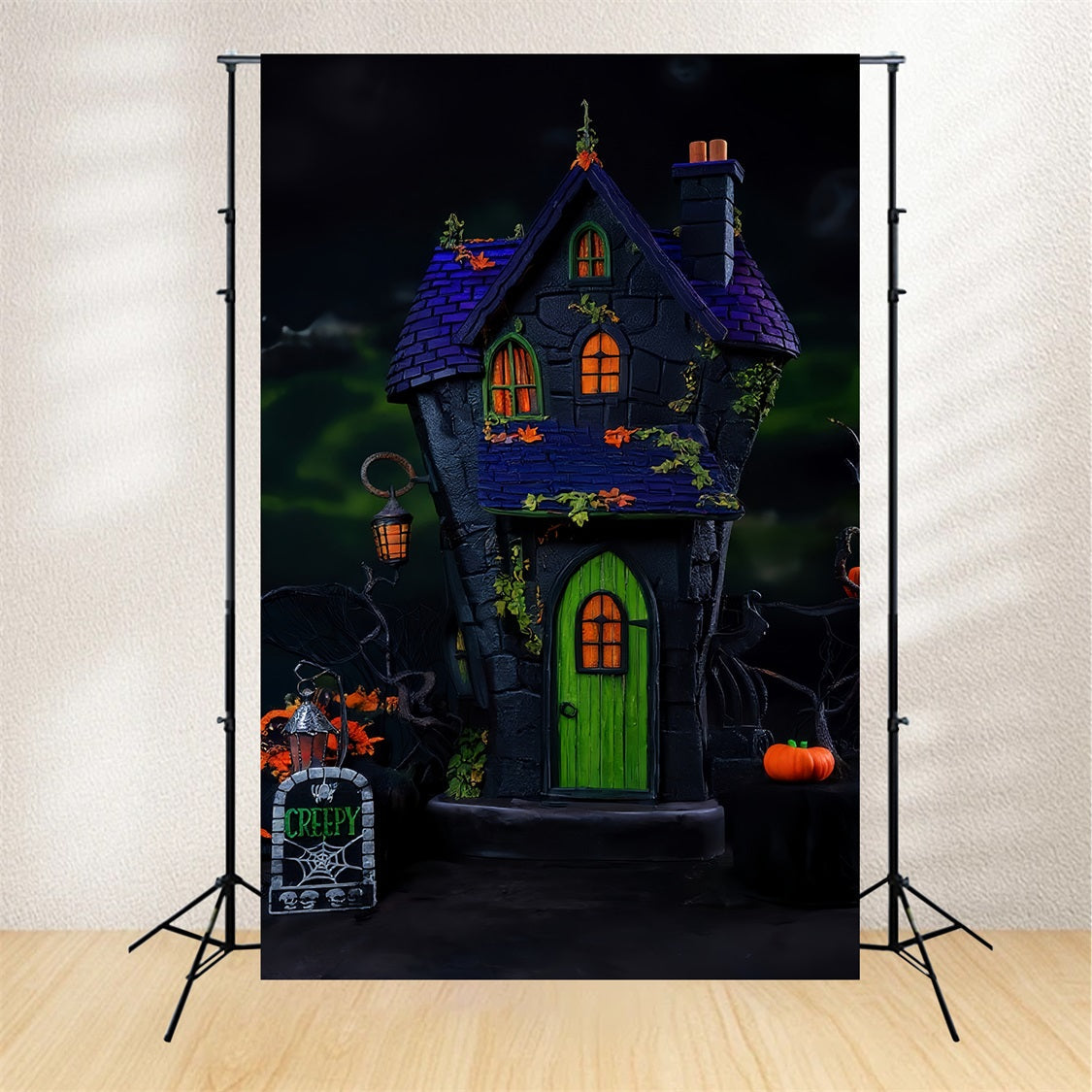 Toile de fond Halloween Maison Hantée Porte Verte Lumières Halloween MRR9-131