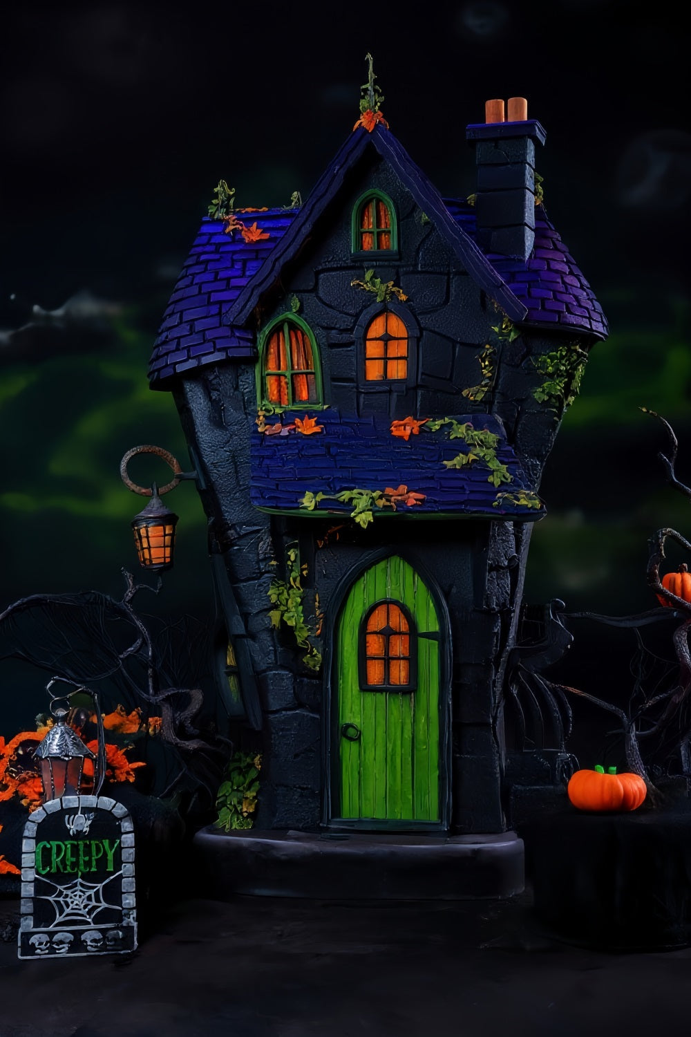 Toile de fond Halloween Maison Hantée Porte Verte Lumières Halloween MRR9-131