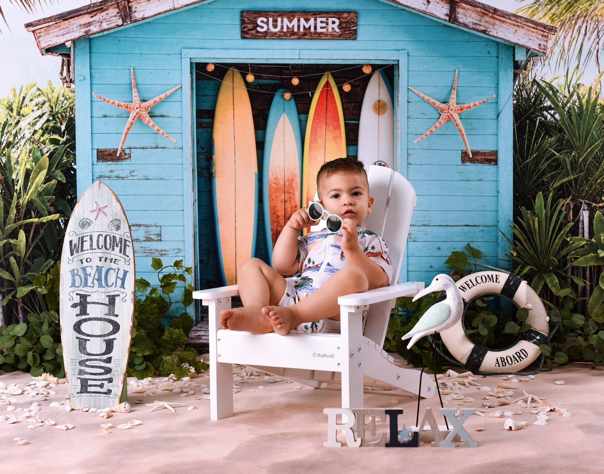 Toile de fond Été Surf Plage Tropicale Cabane MRR9-17