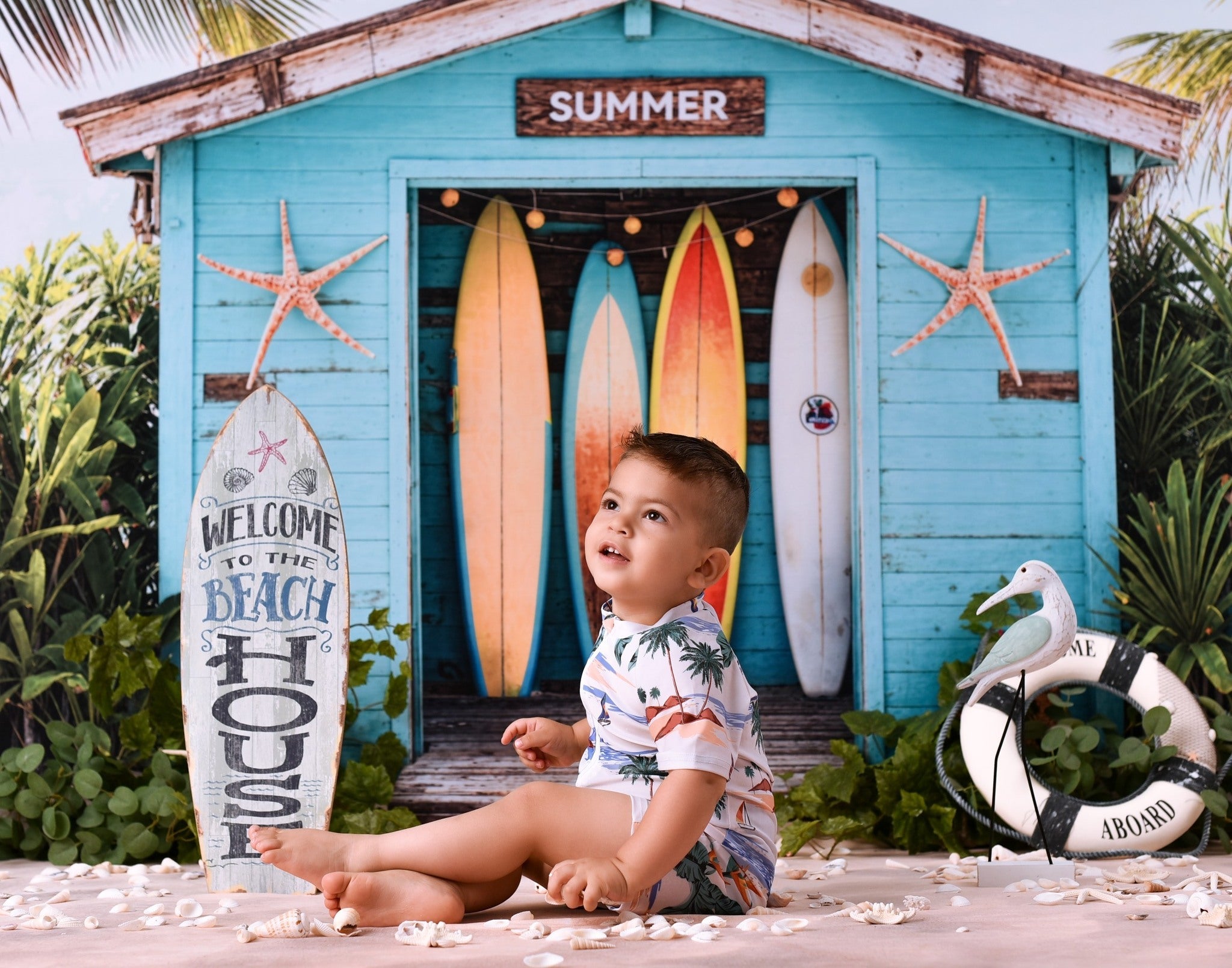 Toile de fond Été Surf Plage Tropicale Cabane MRR9-17