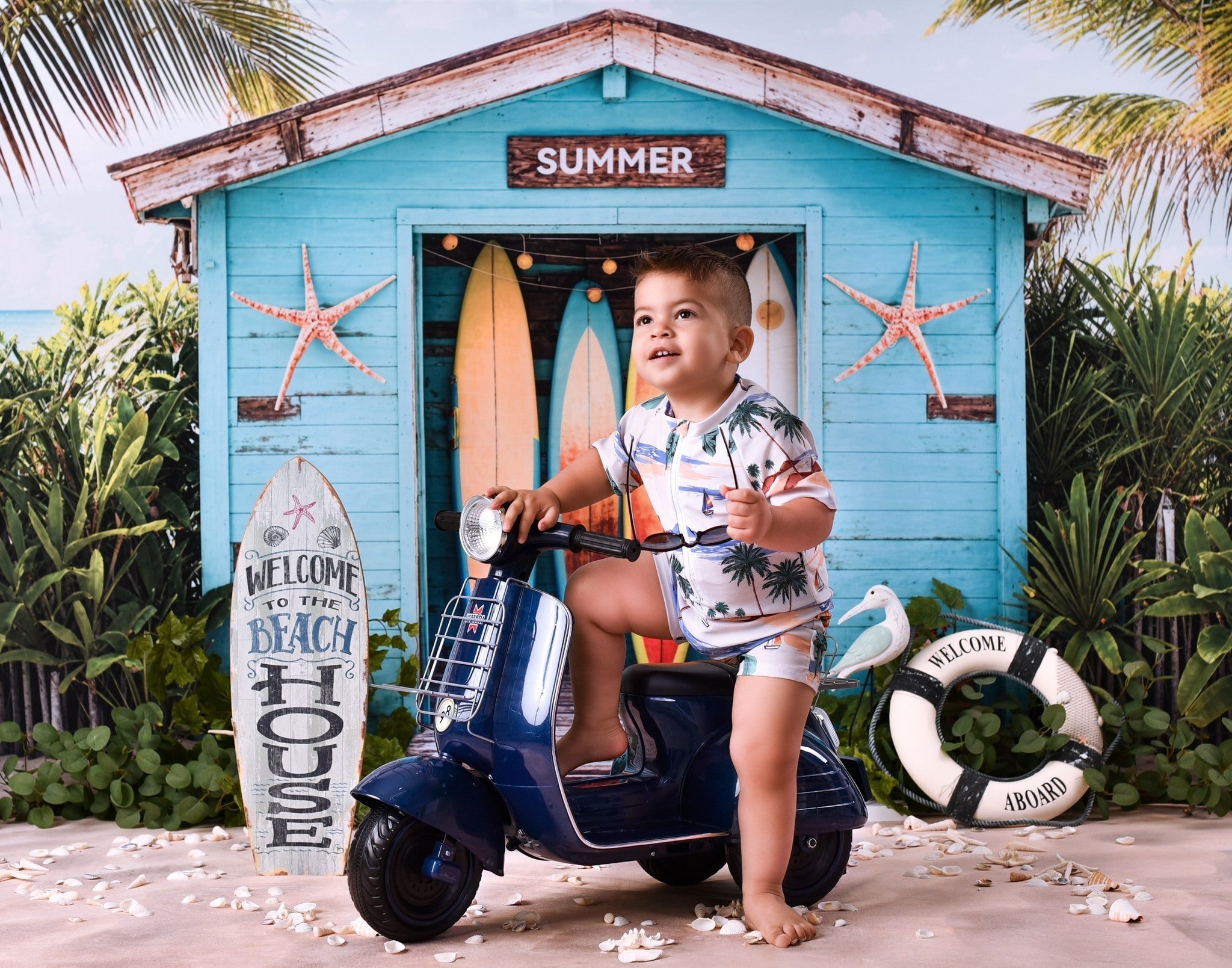 Toile de fond Été Surf Plage Tropicale Cabane MRR9-17