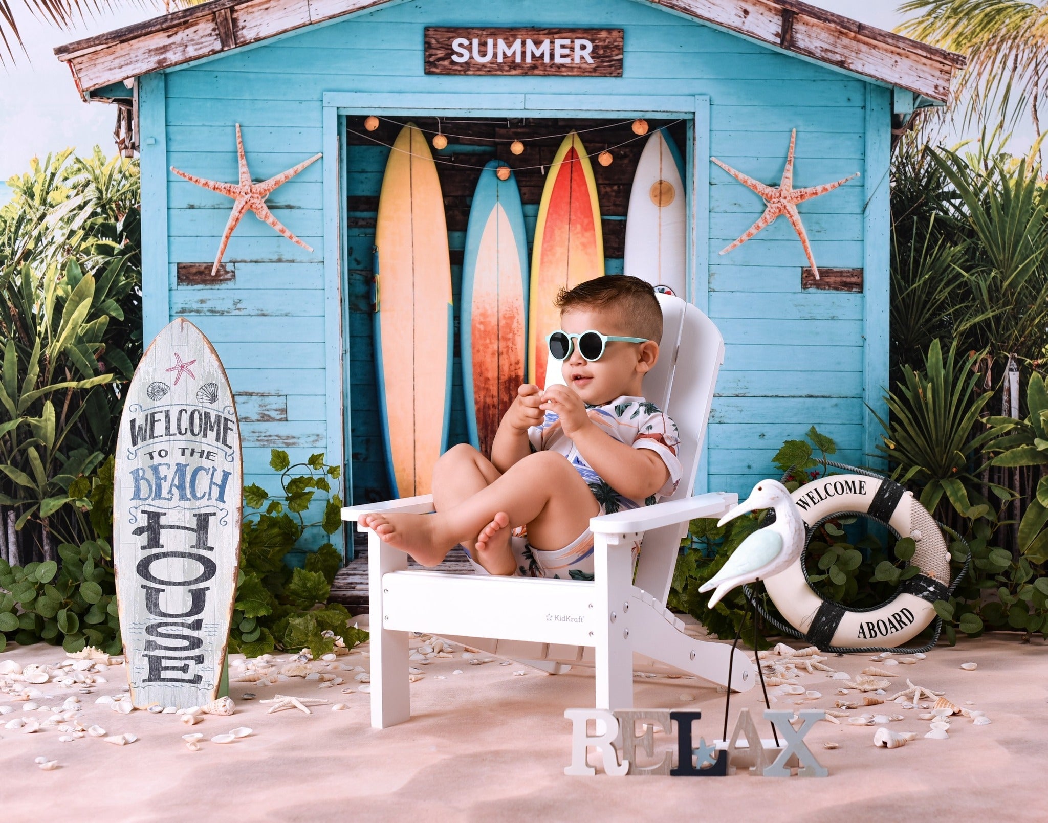 Toile de fond Été Surf Plage Tropicale Cabane MRR9-17