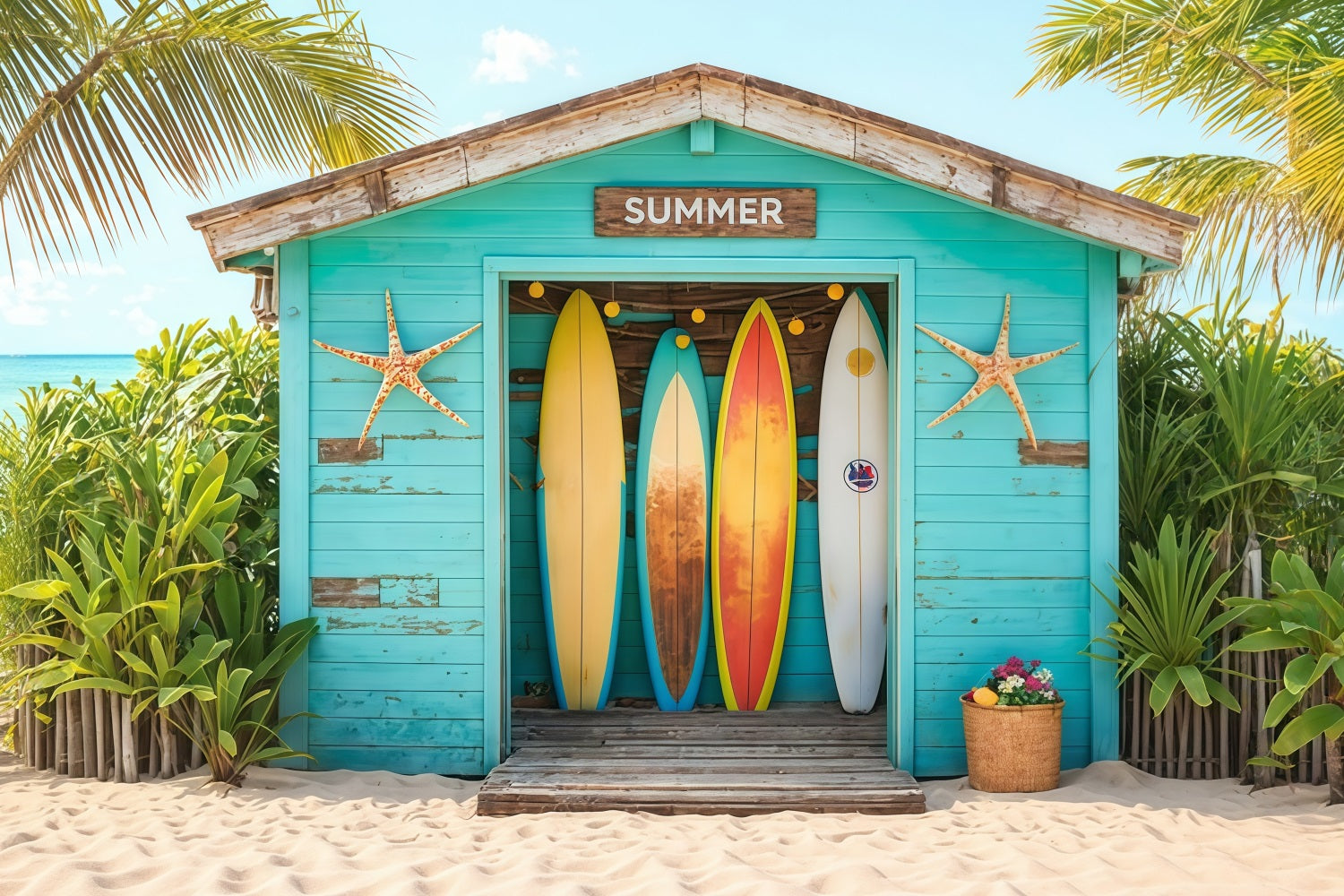 Toile de fond Été Surf Plage Tropicale Cabane MRR9-17