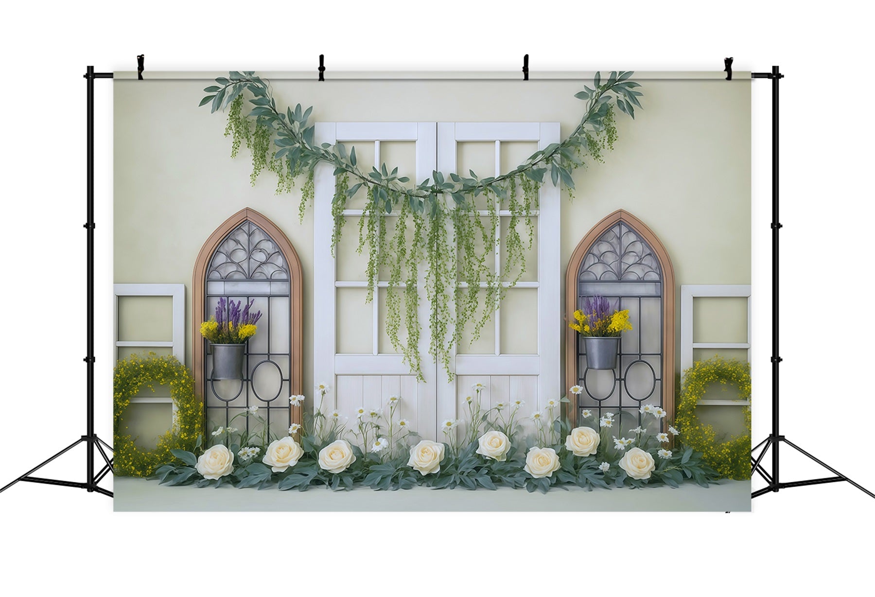 Toile de fond Printemps Fenêtre Guirlande Florale Jaune Verdure MRR9-3