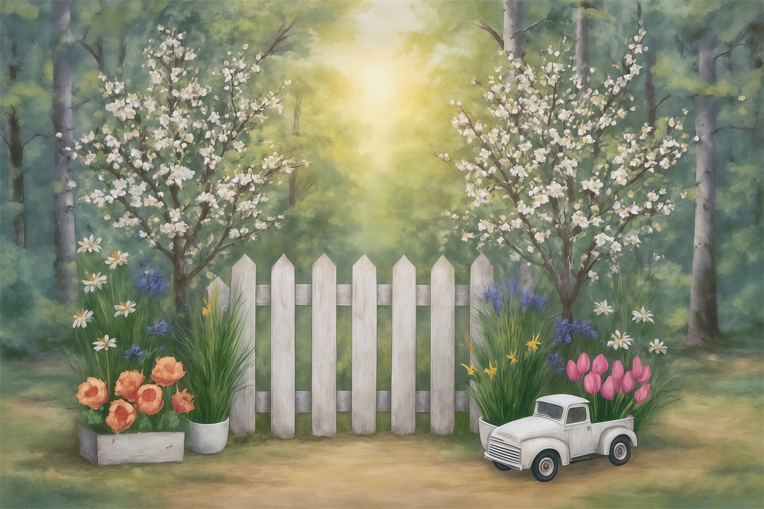 Toile de fond Beaux-Arts Jardin Printanier Clôture Fleurs Camion Artistique MRR9-34