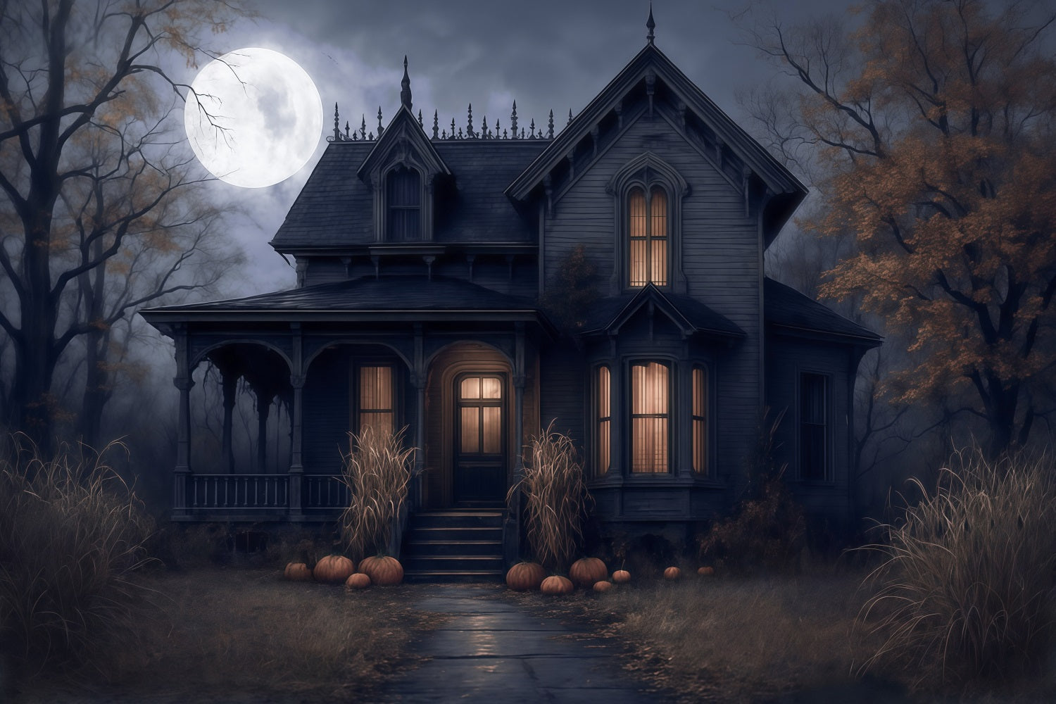 Toile de fond Halloween Maison Hantée Pleine Lune Nuit Effrayante Halloween MRR9-38