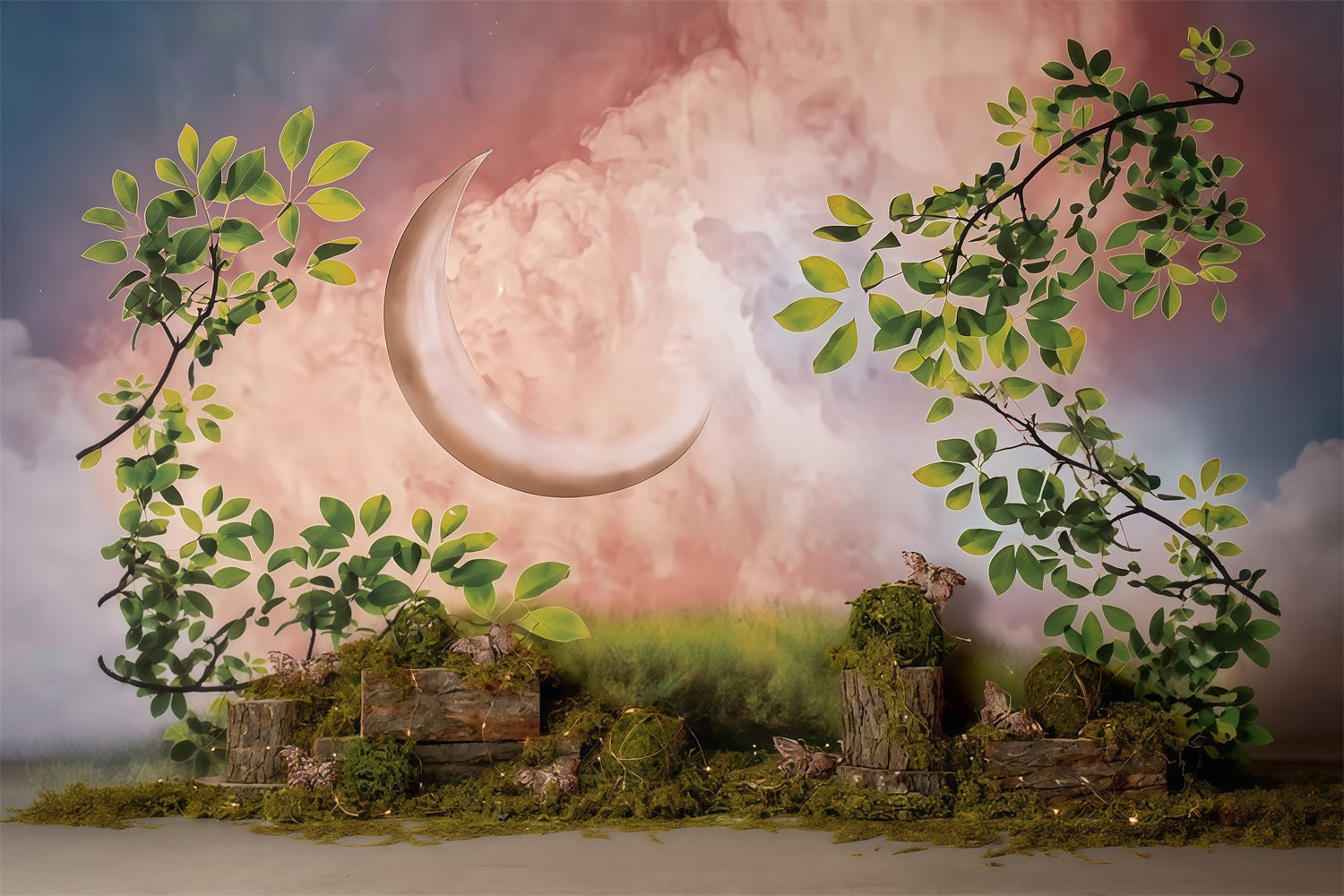 Toile de fond Enfants Lune Croissant Enchantée Jardin Nouveau-Né MRR9-39