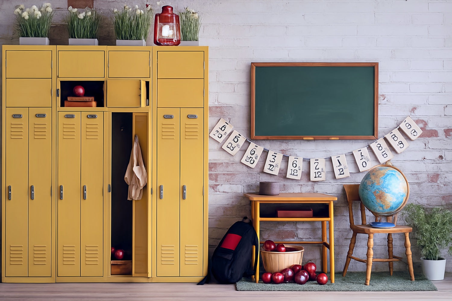Toile de fond Rentrée des Classes Casier Jaune Salle de Classe École MRR9-43